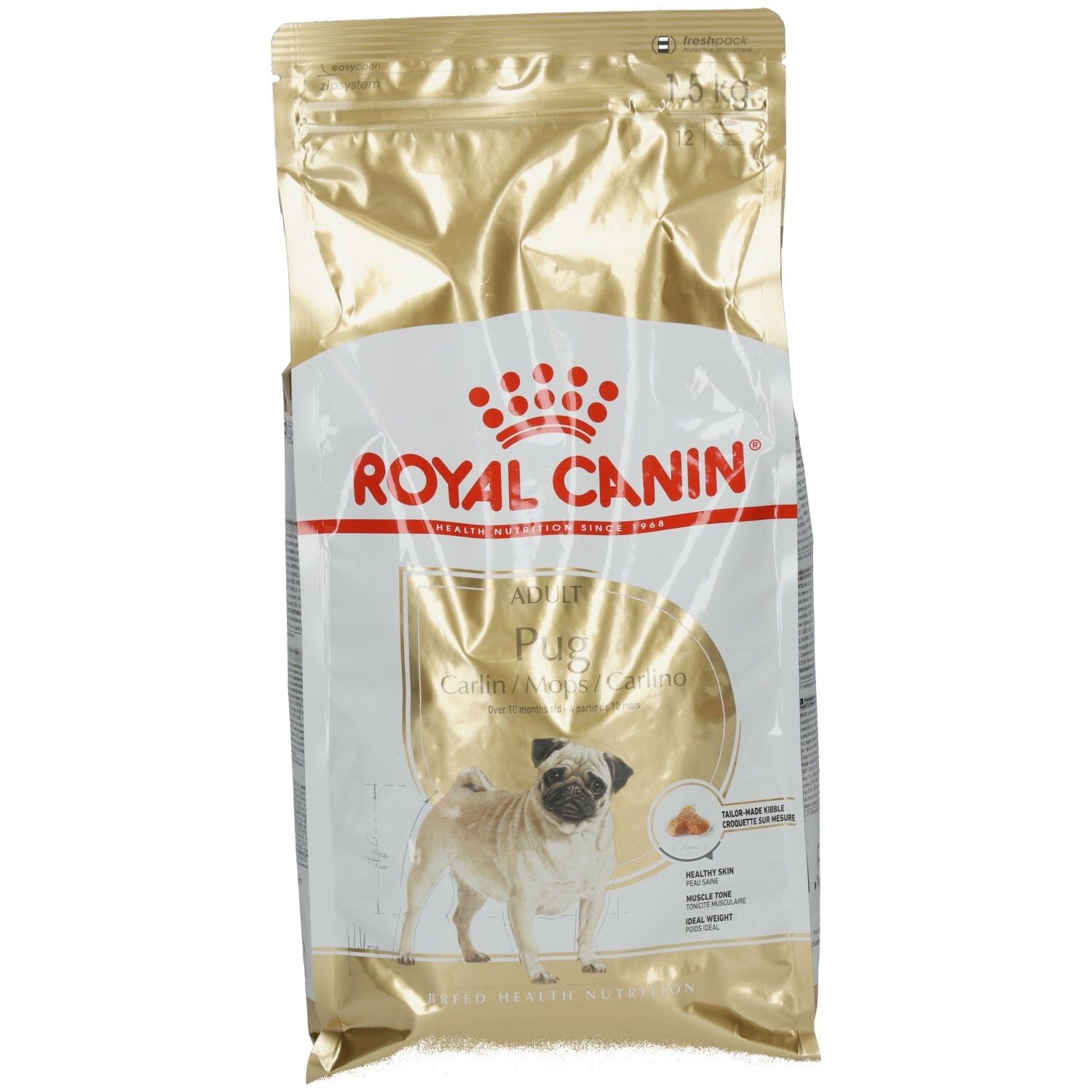 Royal Canin Adult Pug Hundefutter in goldener Verpackung mit Bild eines Mopses.