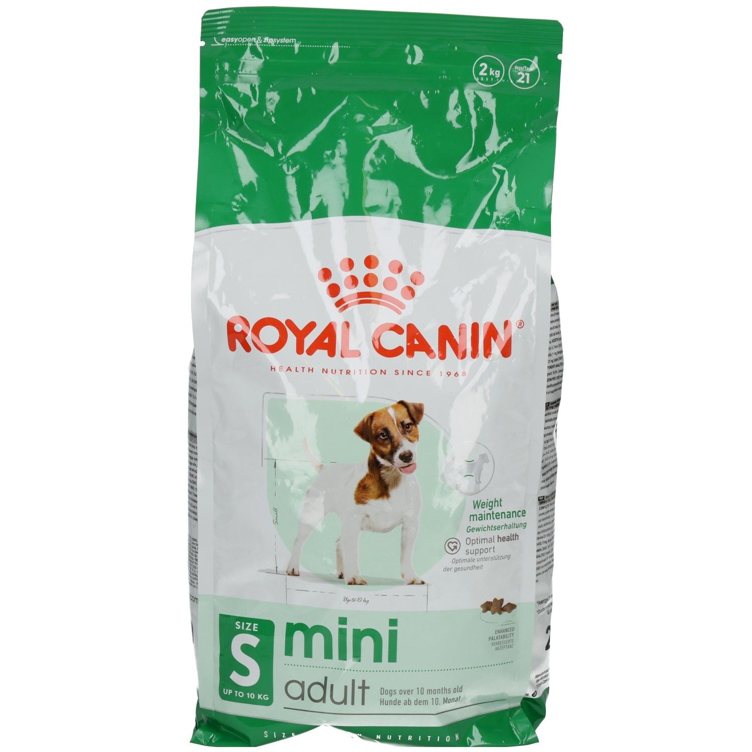 Royal Canin MINI ADULT Hundefutter-Sack, 2kg. Vorderseite mit Hundebild und Produktinformationen.
