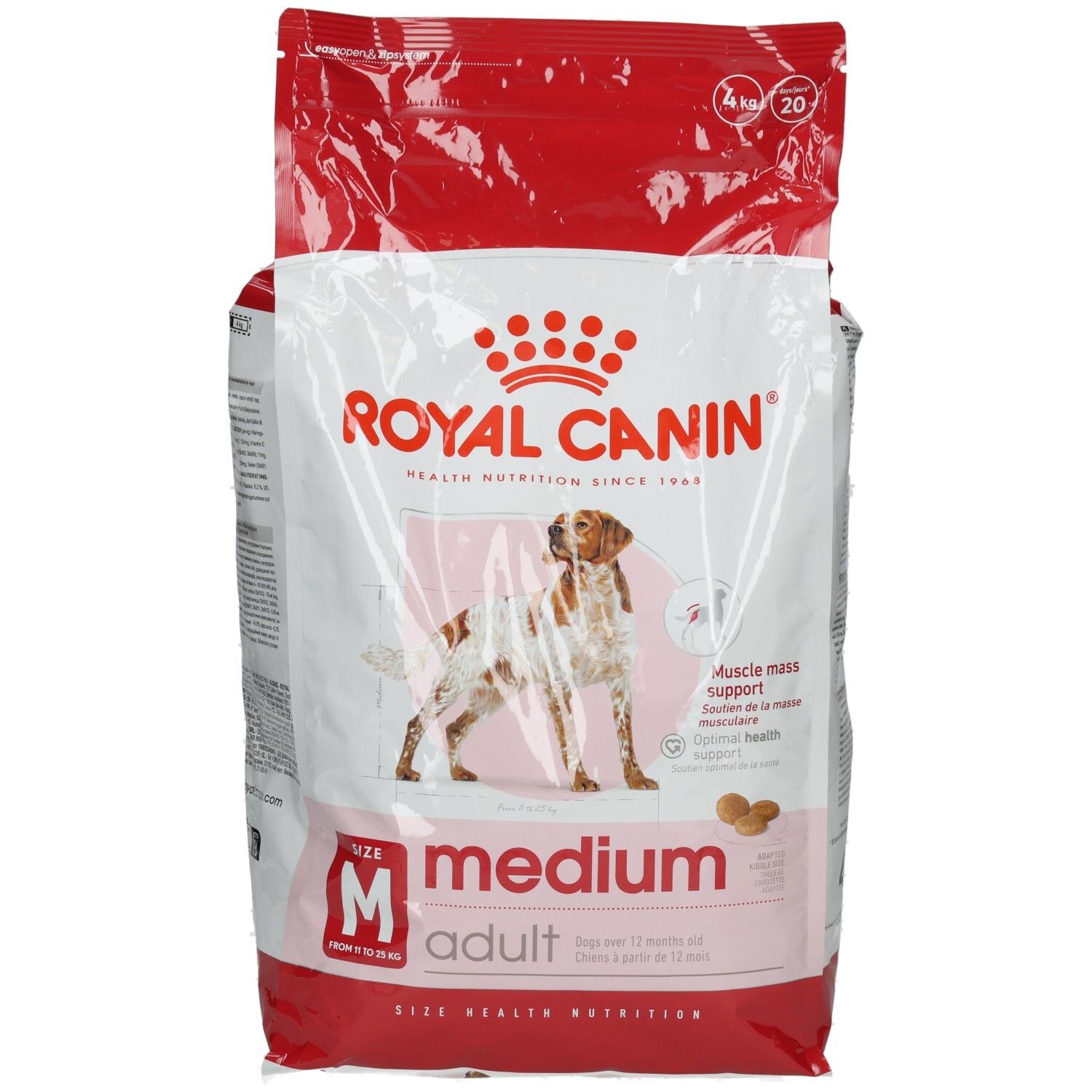 ROYAL CANIN MEDIUM Adult Trockenfutter für ausgewachsene mittelgroße Hunde, 10-25 kg. Beutel mit Hundebild und Produktinformationen.