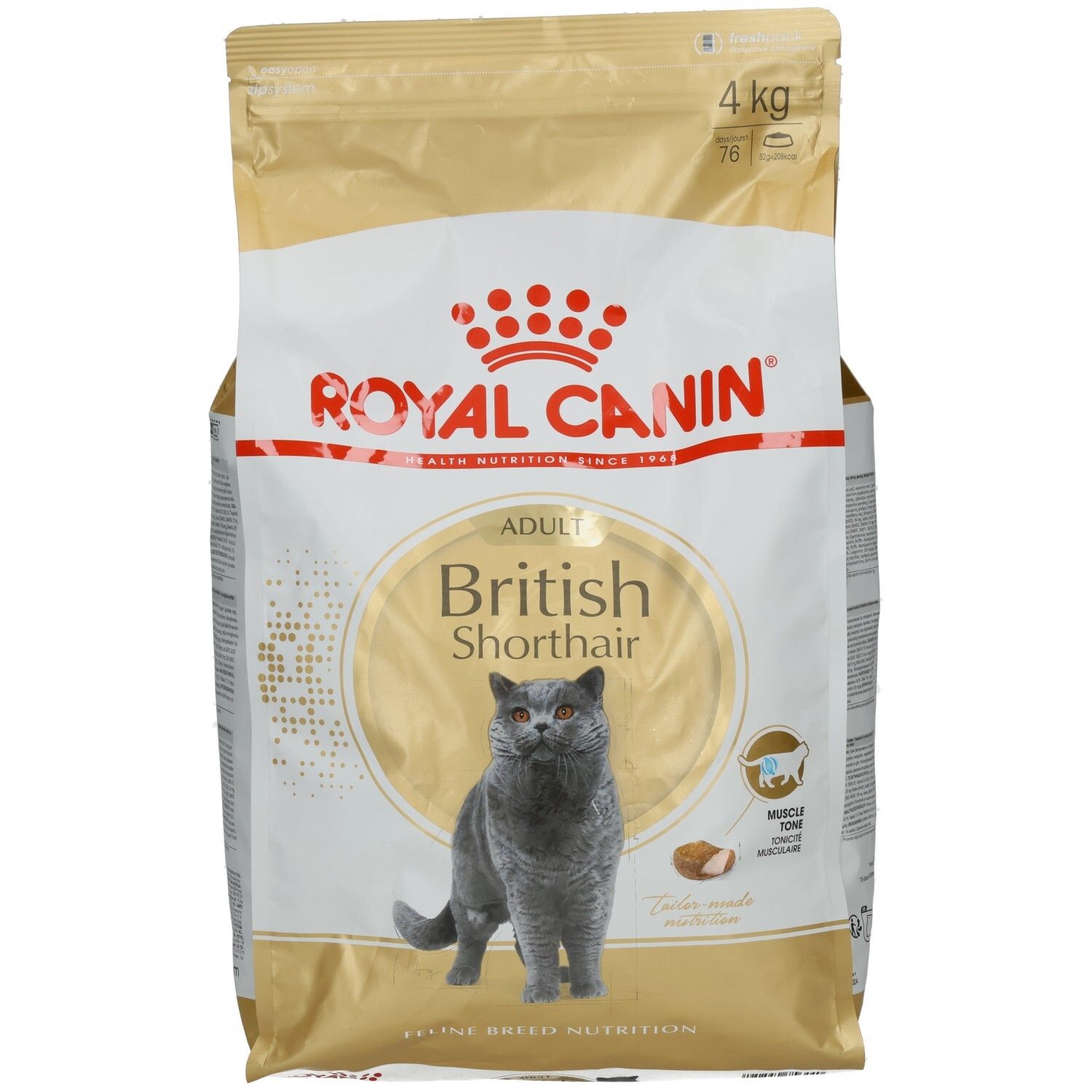 Royal Canin British Shorthair Adult Trockenfutter, 4 kg Beutel mit Katzenmotiv.