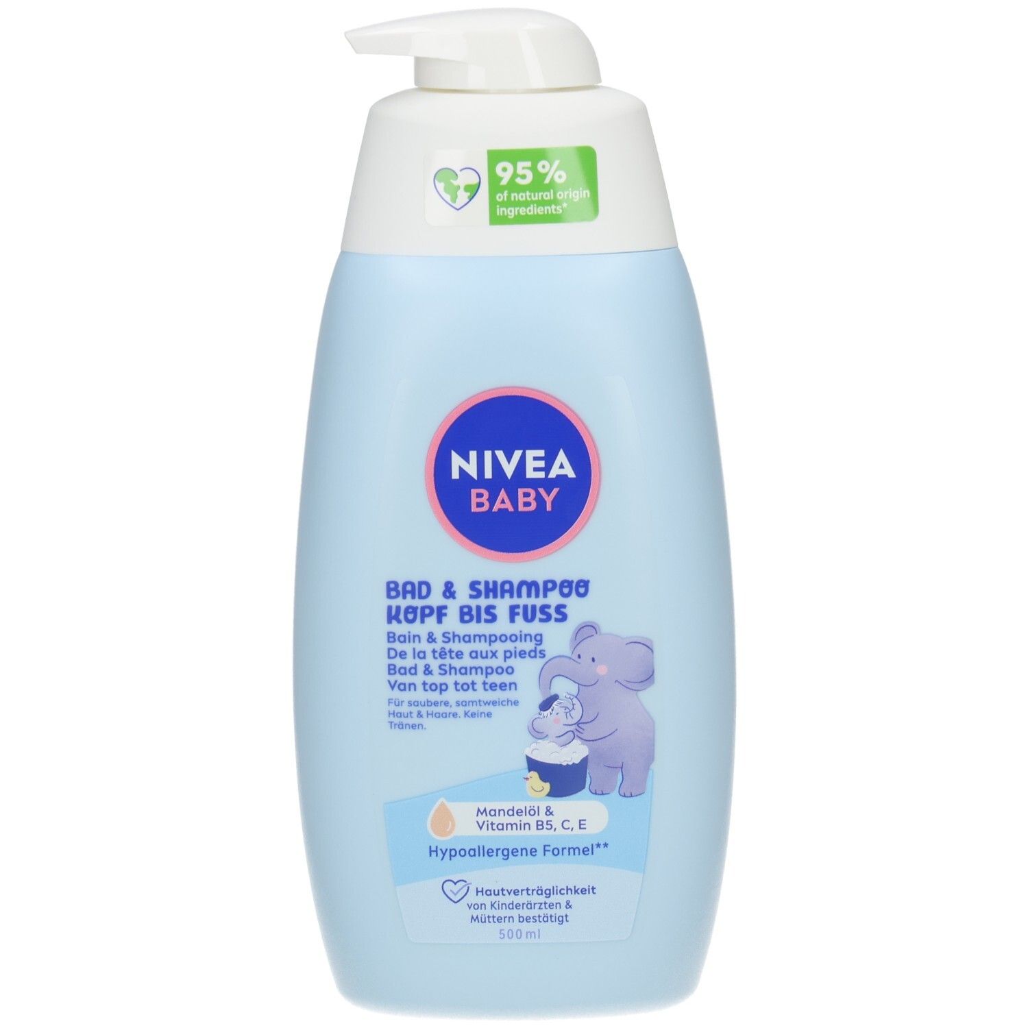 NIVEA Baby Kopf bis Fuß Bad & Shampoo in hellblauer Flasche mit Pumpspender. Enthält Mandelöl und Vitamine.