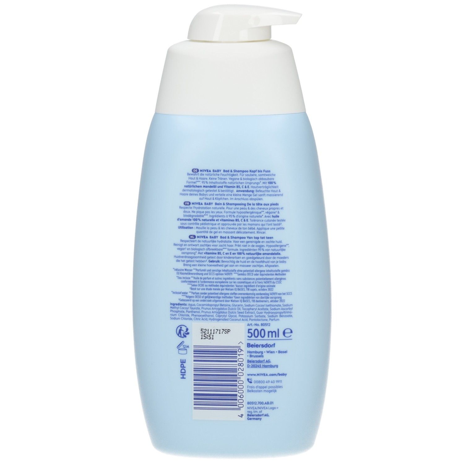 Rückseite einer hellblauen NIVEA Baby Kopf bis Fuß Bad & Shampoo Flasche mit Pumpspender. Enthält 500 ml.