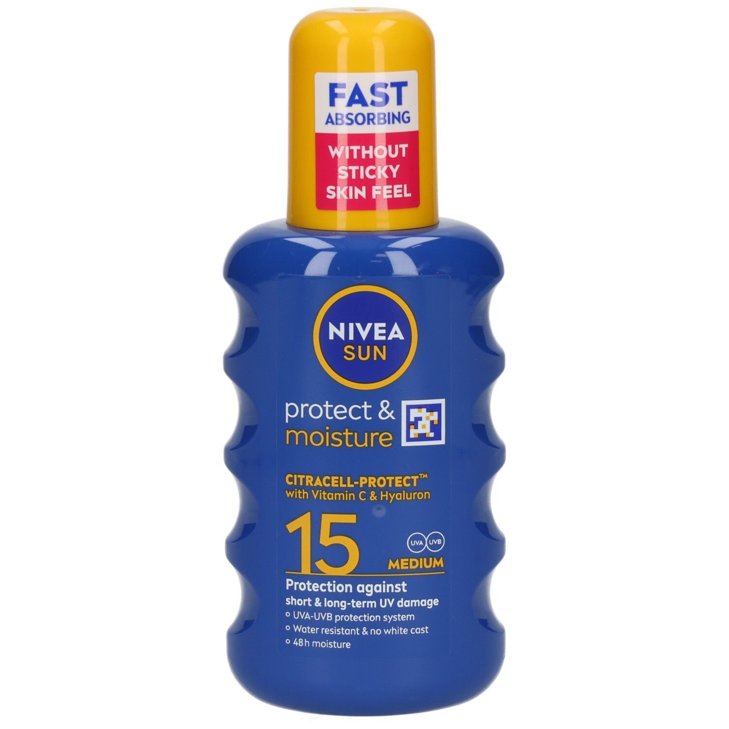 Nivea Sun Schutz & Pflege Sonnenspray LSF 15, blaue Sprühflasche mit gelbem Verschluss. "Fast Absorbing" und "Without Sticky Skin Feel".