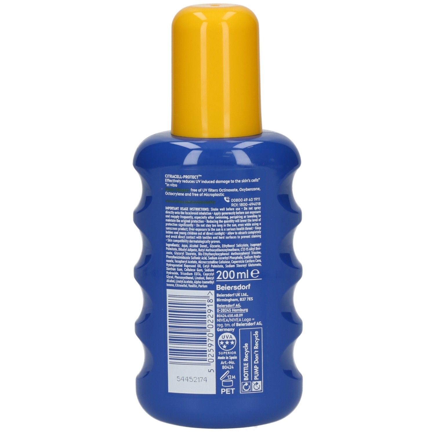 Rückseite der Nivea Sun Schutz & Pflege Sonnenspray LSF 15 Flasche. Enthält Inhaltsstoffe und 200ml Angabe. Recycling-Symbole für PET und Pump.