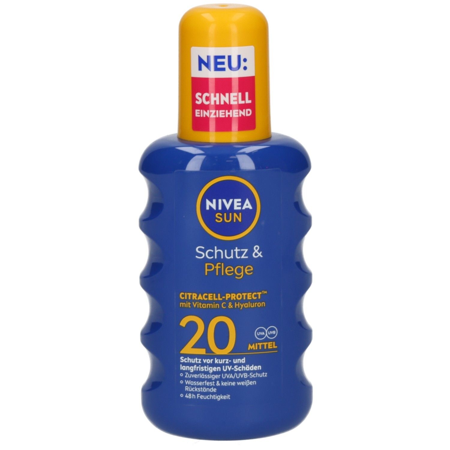 NIVEA SUN Schutz & Pflege Sonnenspray LSF 20. Blaue Sprühflasche mit gelbem Verschluss. NEU: SCHNELL EINZIEHEND.