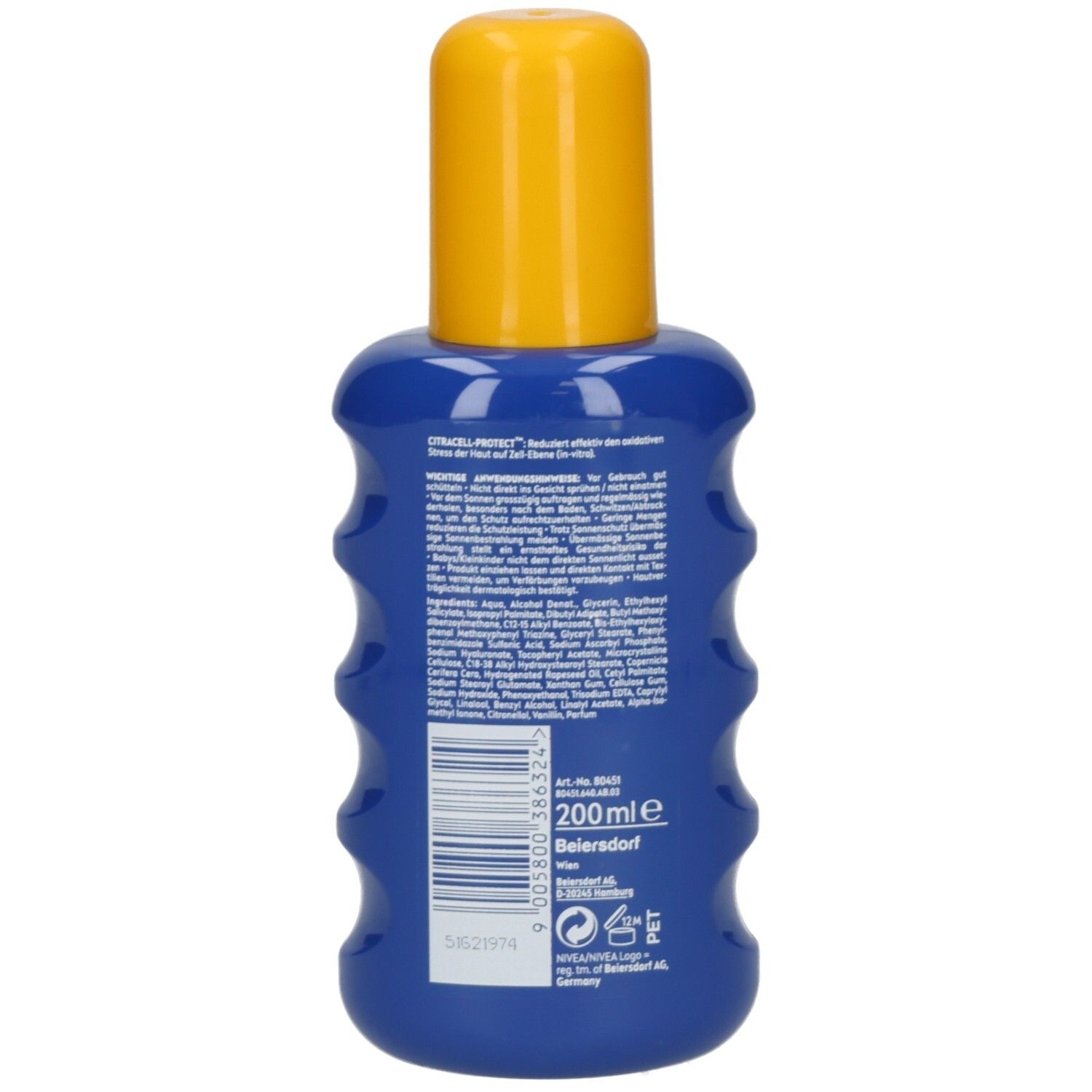 Rückseite der NIVEA SUN Schutz & Pflege Sonnenspray LSF 20 Flasche. Enthält Inhaltsstoffe und 200ml Angabe.