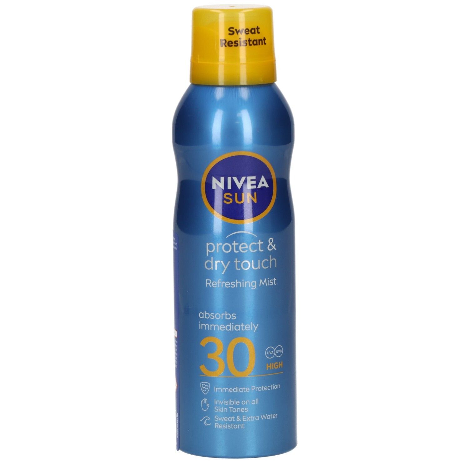 NIVEA SUN Protect & Dry Touch Aerosol Sonnenspray LSF 30, blaue Dose mit gelbem Verschluss.