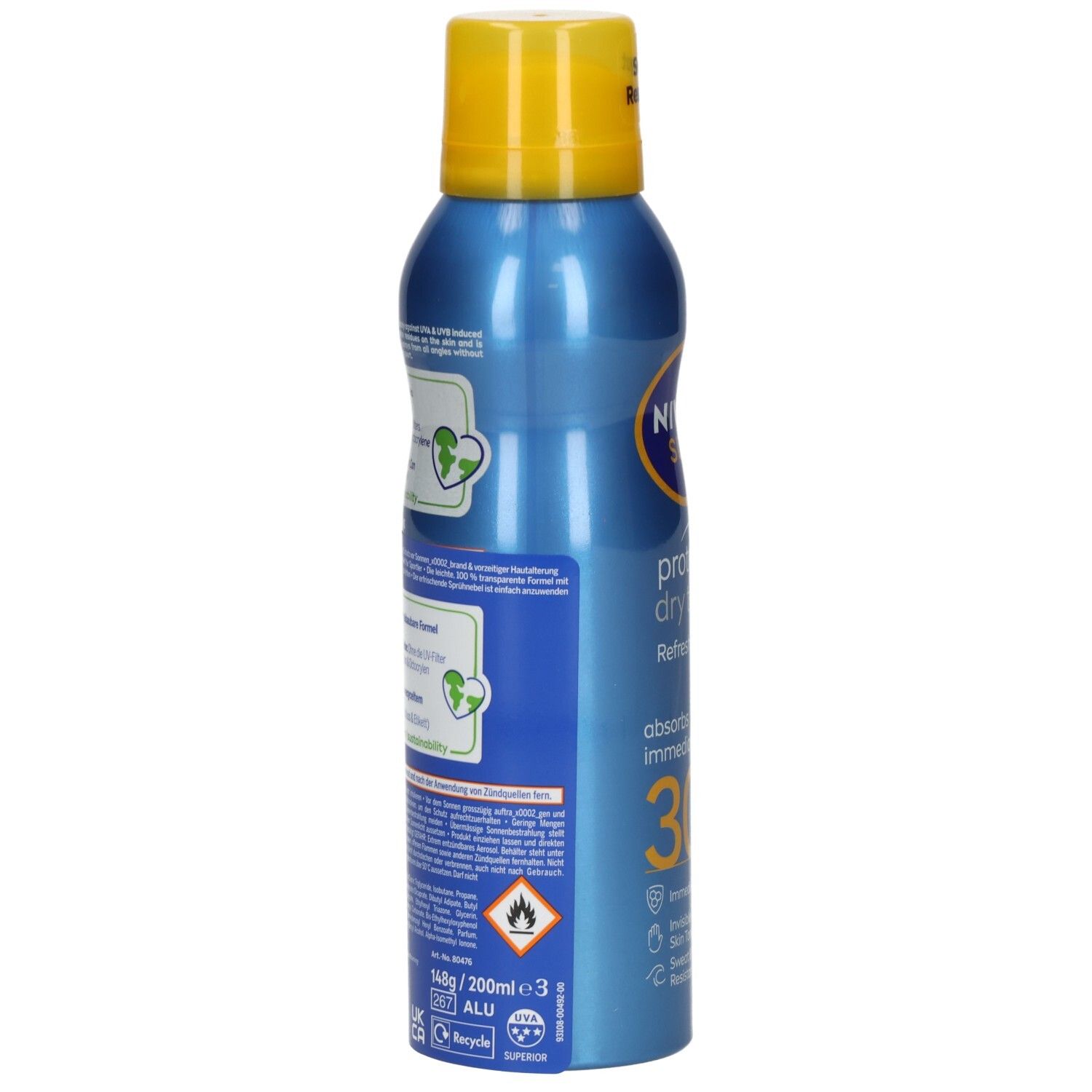 Rückseite der NIVEA SUN Protect & Dry Touch Aerosol Sonnenspray LSF 30 Dose mit Produktinformationen.