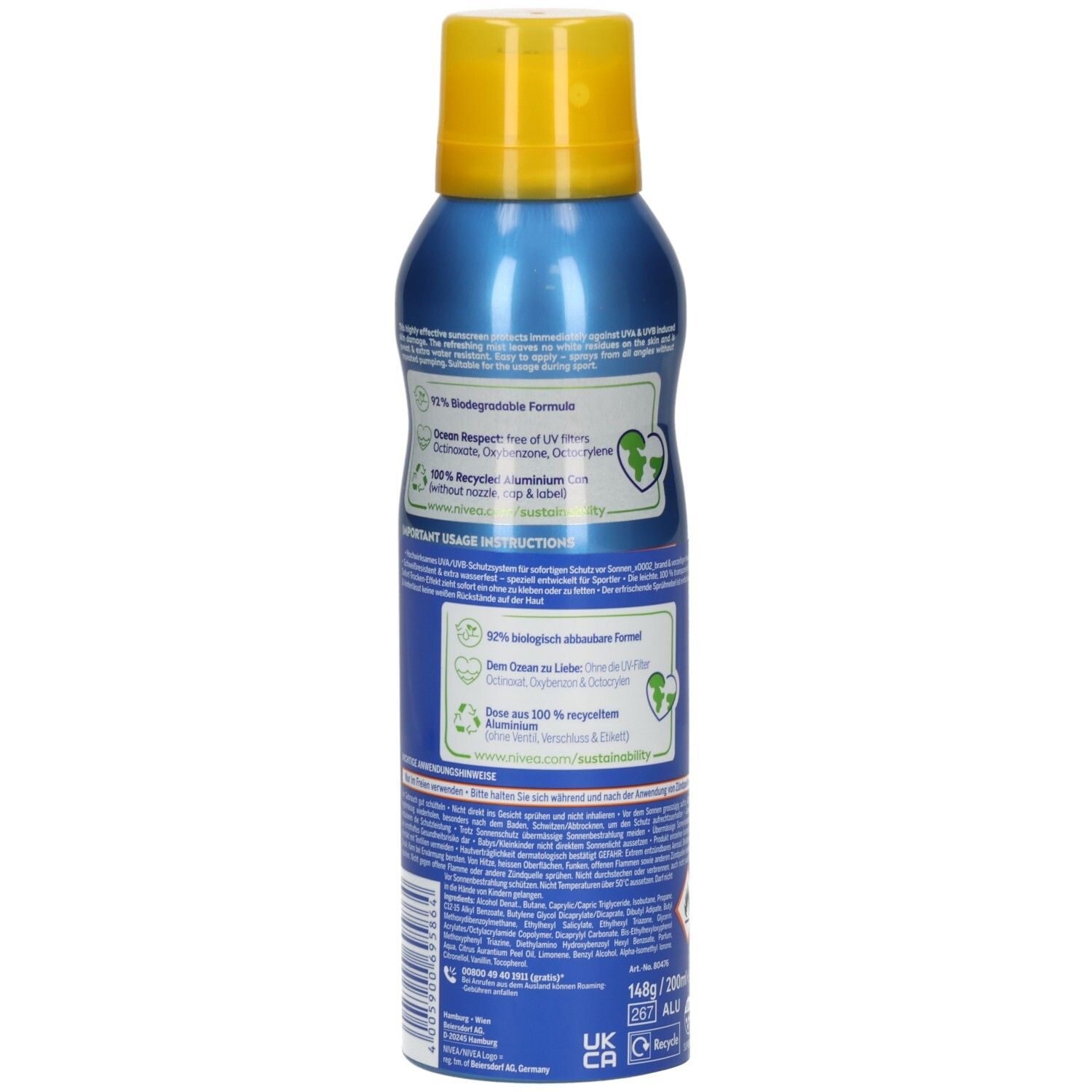Rückseite der NIVEA SUN Protect & Dry Touch Aerosol Sonnenspray LSF 30 Dose mit Umwelt- und Anwendungshinweisen.