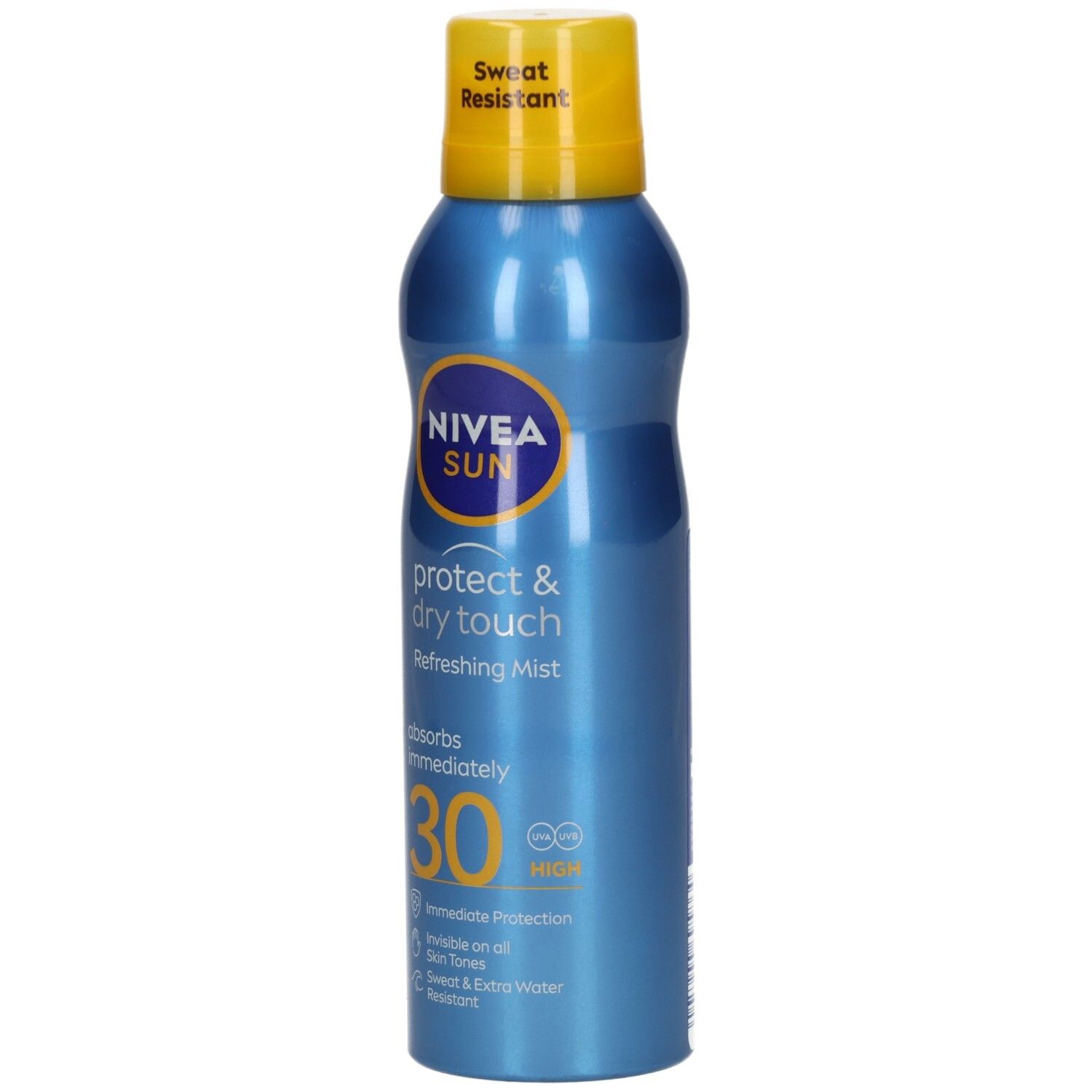 NIVEA SUN Protect & Dry Touch Aerosol Sonnenspray LSF 30, blaue Dose mit gelbem Verschluss.