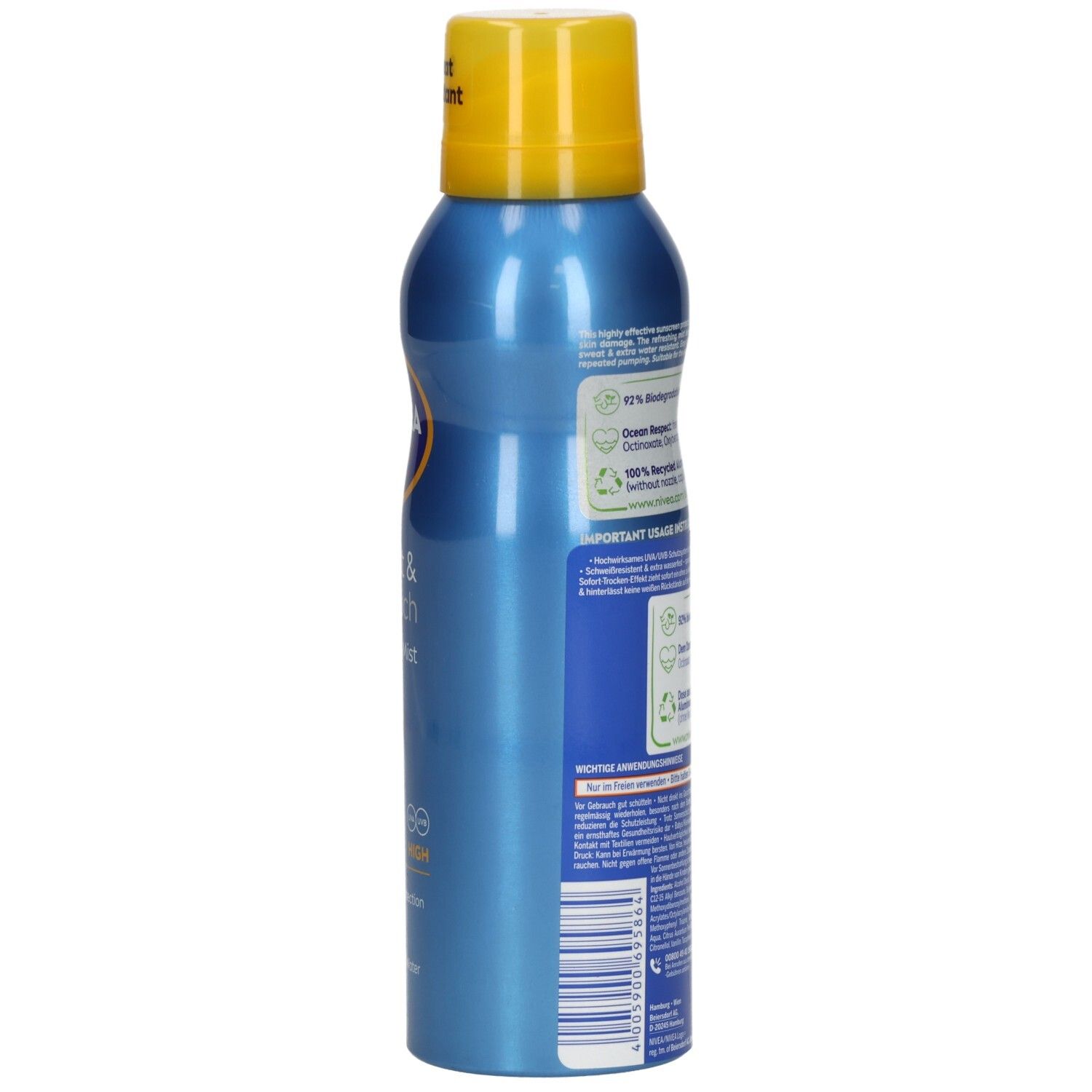 Seitenansicht der NIVEA SUN Protect & Dry Touch Aerosol Sonnenspray LSF 30 Dose mit Produktinformationen.