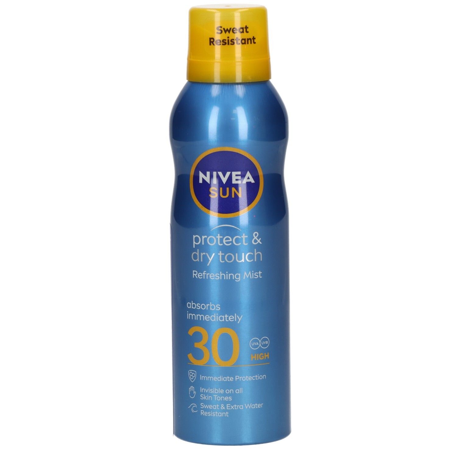 NIVEA SUN Protect & Dry Touch Aerosol Sonnenspray LSF 30, blaue Dose mit gelbem Verschluss.
