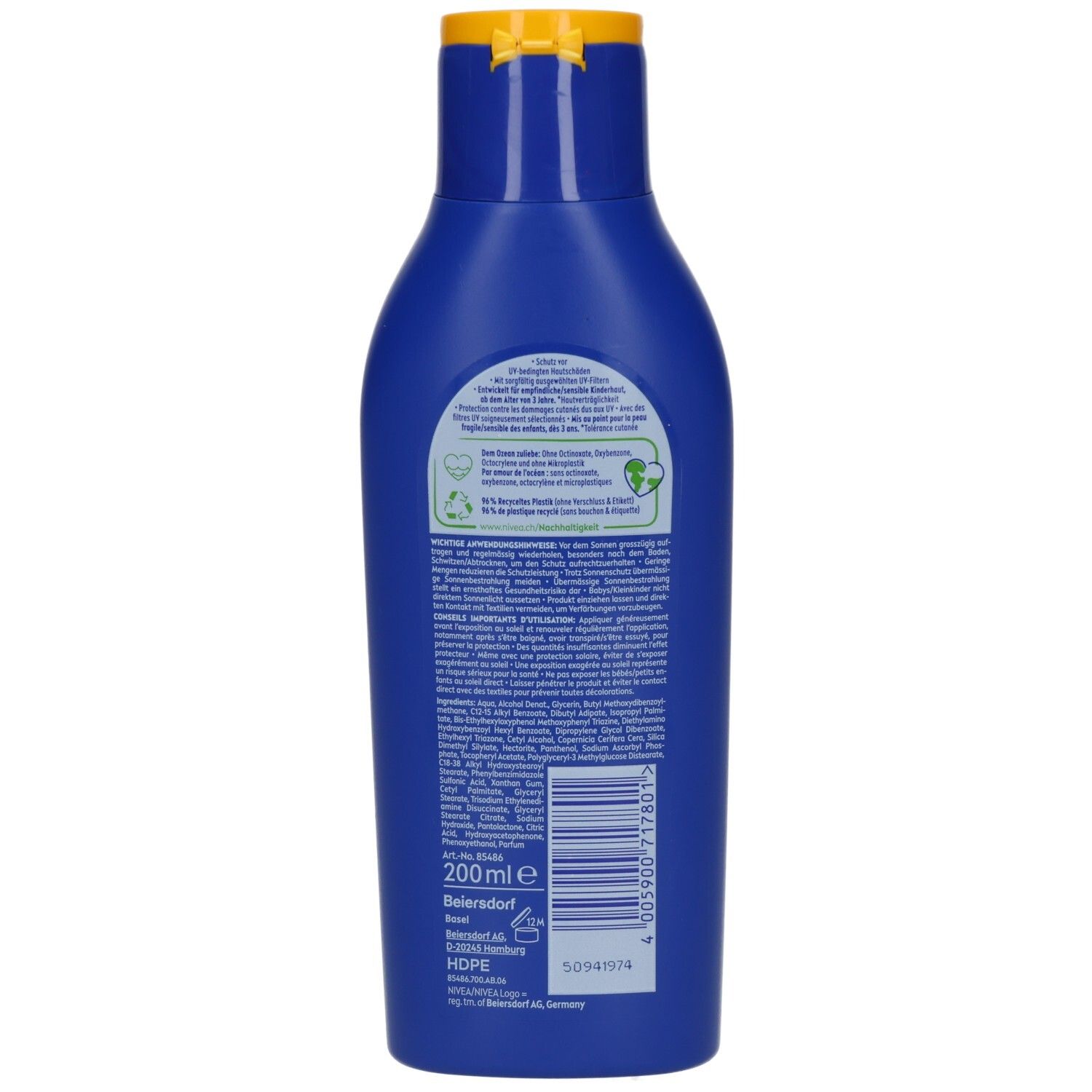 Rückseite Nivea Sun Kids Sonnenmilch LSF 50+, 200ml, Inhaltsstoffe und Recycling-Hinweise.