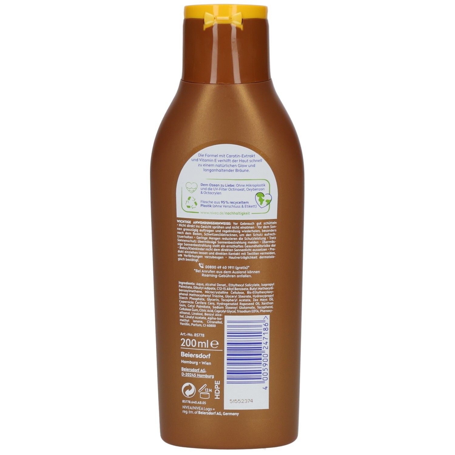 Rückseite der NIVEA SUN Tropical Bronze Sonnenmilch LSF 6 Flasche. Enthält 200 ml. Informationen und Inhaltsstoffe auf Deutsch.