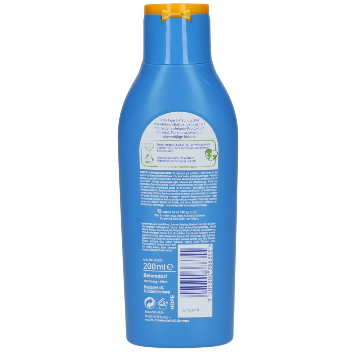 Rückseite der NIVEA SUN Schutz & Bräune Sonnenlotion LSF 30, blaue Flasche mit gelbem Verschluss.