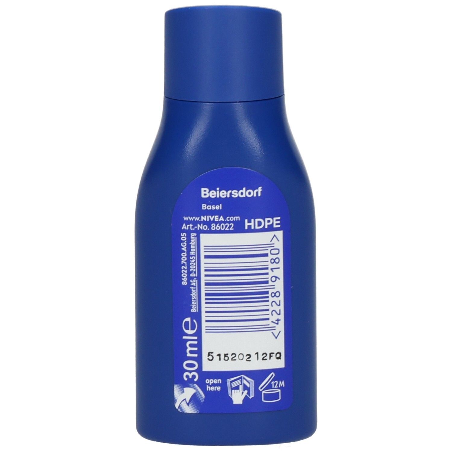 Rückseite der NIVEA SUN Protect & Moisture LSF 30 Flasche. Enthält 30ml, Herstellerinformationen und Barcode. HDPE-Material.
