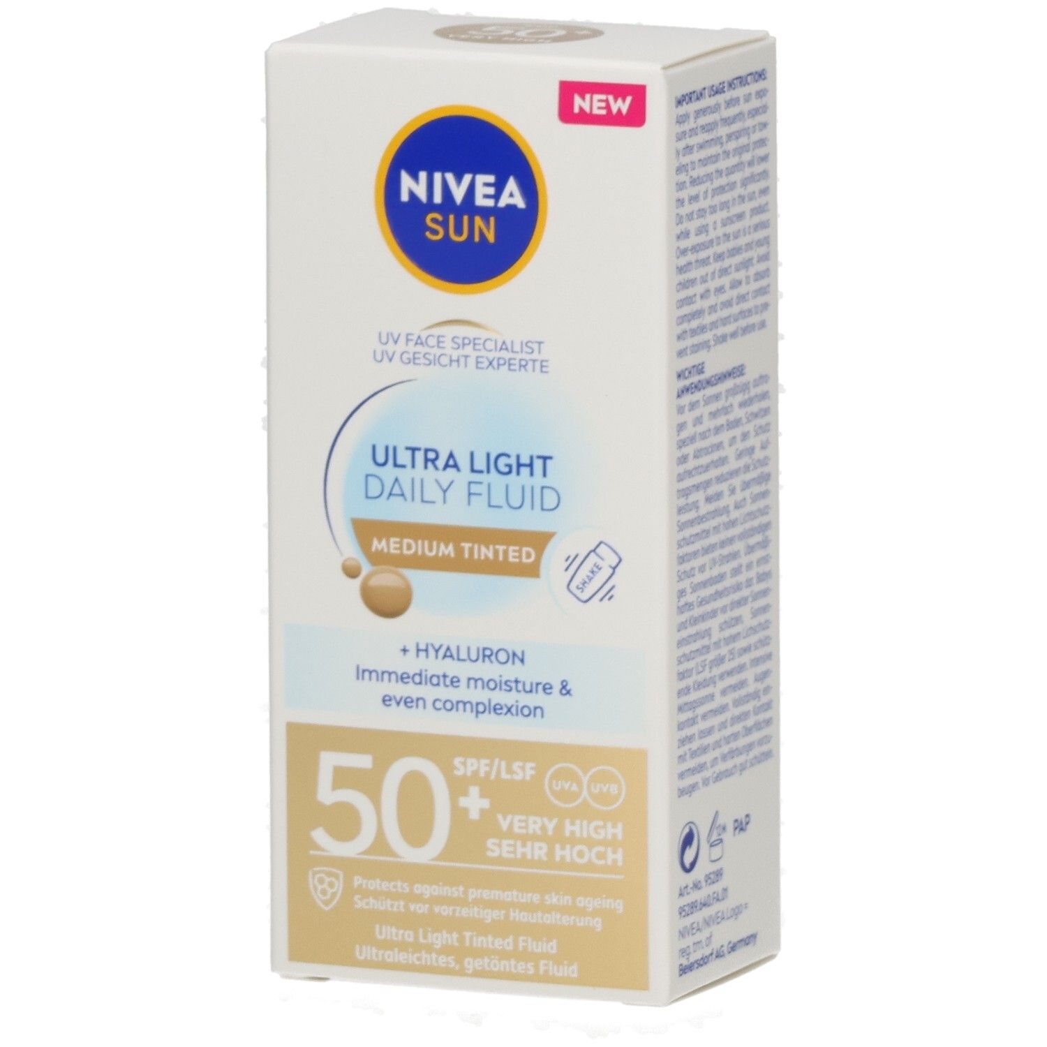 NIVEA SUN UV Gesicht Experte, Ultra Light Daily Fluid, LSF 50+, Medium Tinted.