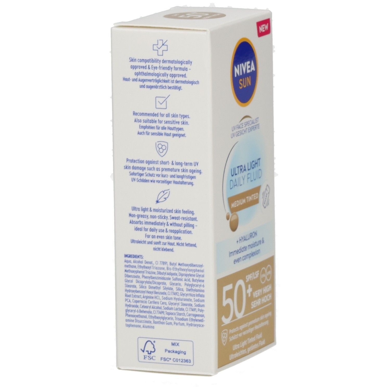 Rückseite der NIVEA SUN UV Gesicht Experte Verpackung mit Anwendungshinweisen und Inhaltsstoffen.