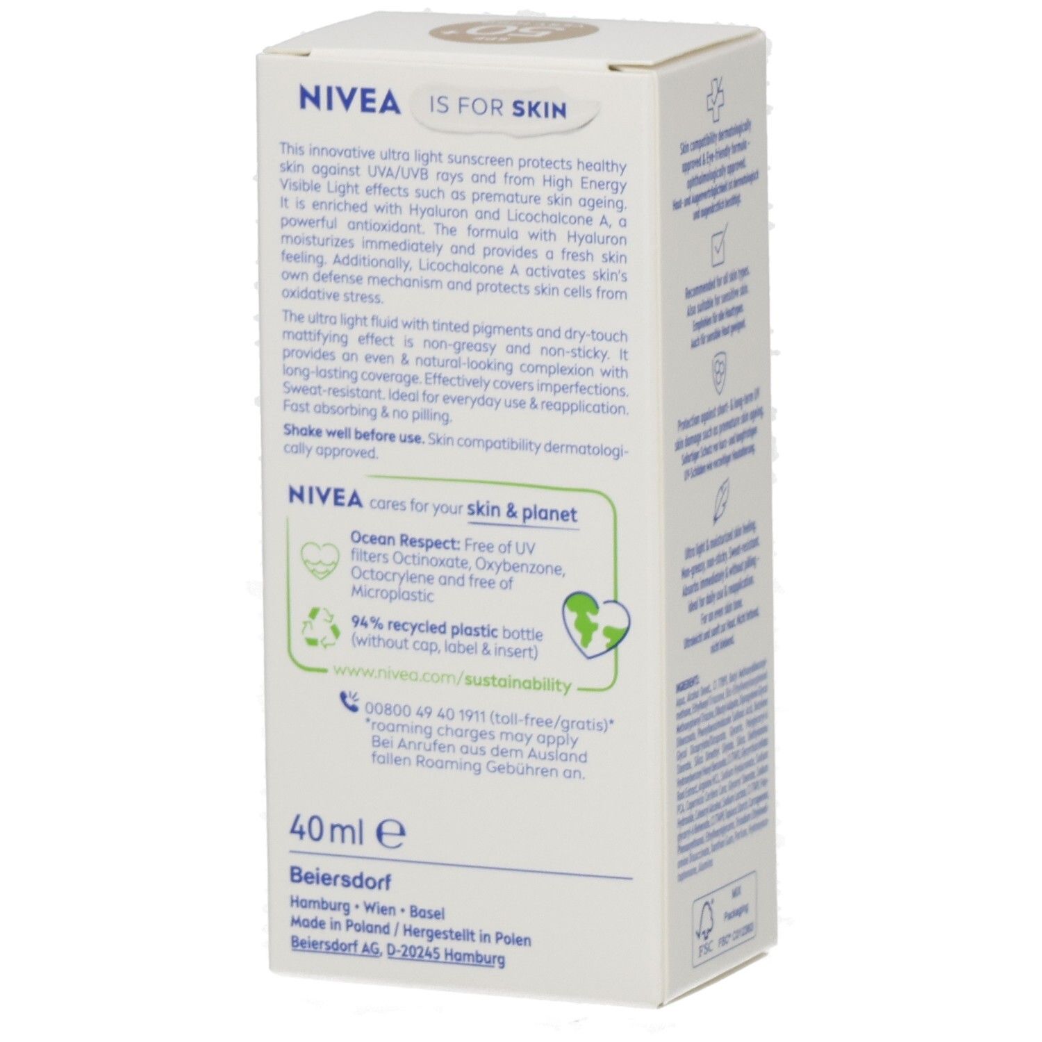 Seite der NIVEA SUN UV Gesicht Experte Verpackung mit 40ml Angabe und Produktinformationen.