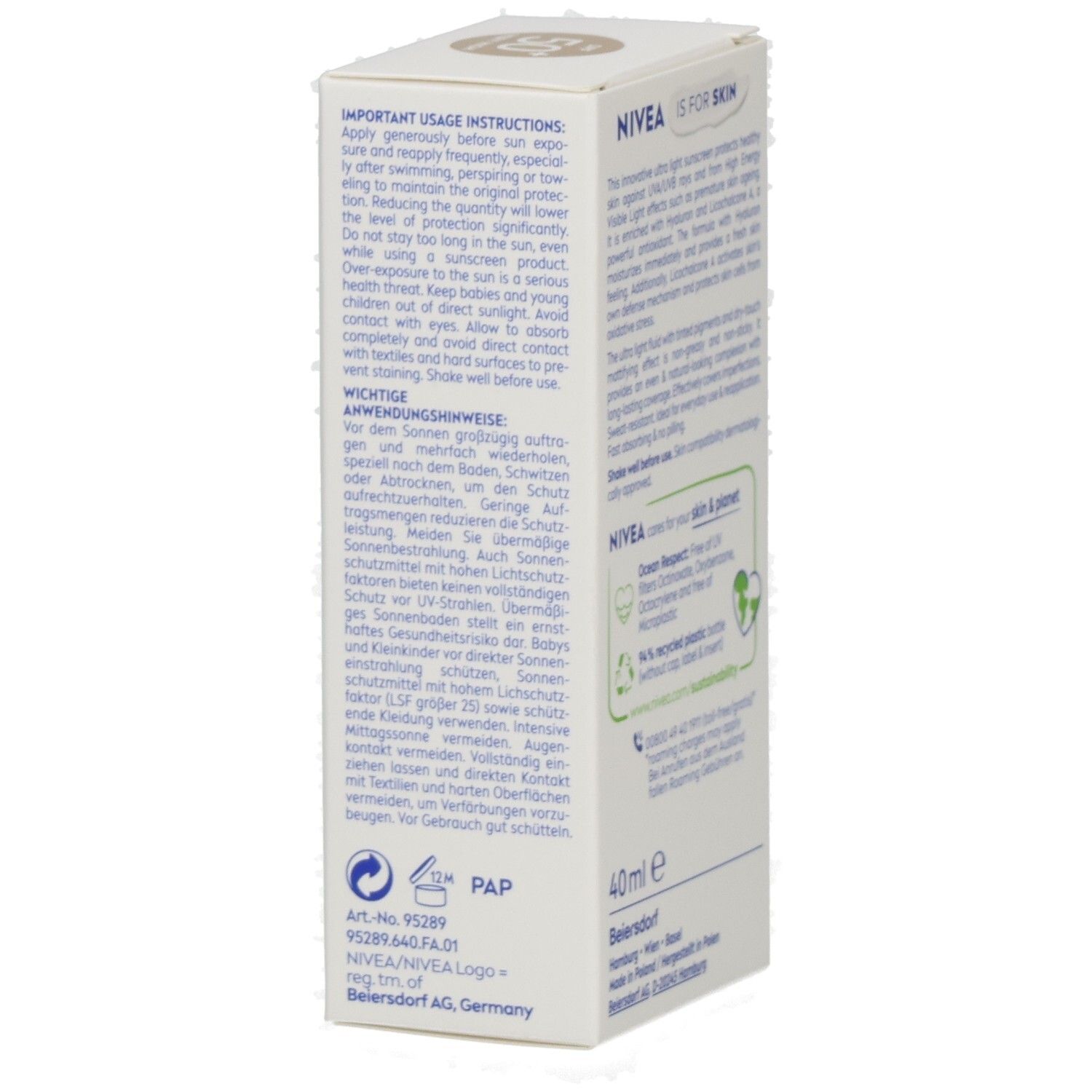Seite der NIVEA SUN UV Gesicht Experte Verpackung mit wichtigen Anwendungshinweisen.
