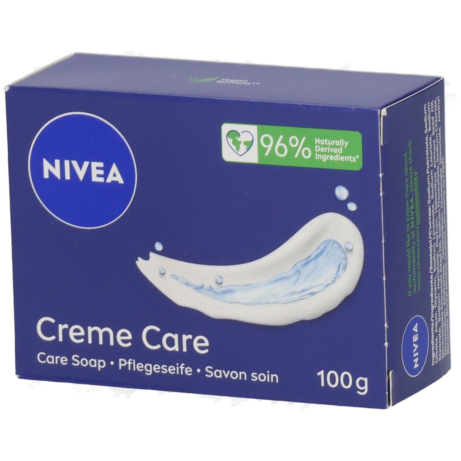 NIVEA Creme Care Pflegeseife, 100g. Blaue Verpackung mit weißem Logo und Cremedarstellung.