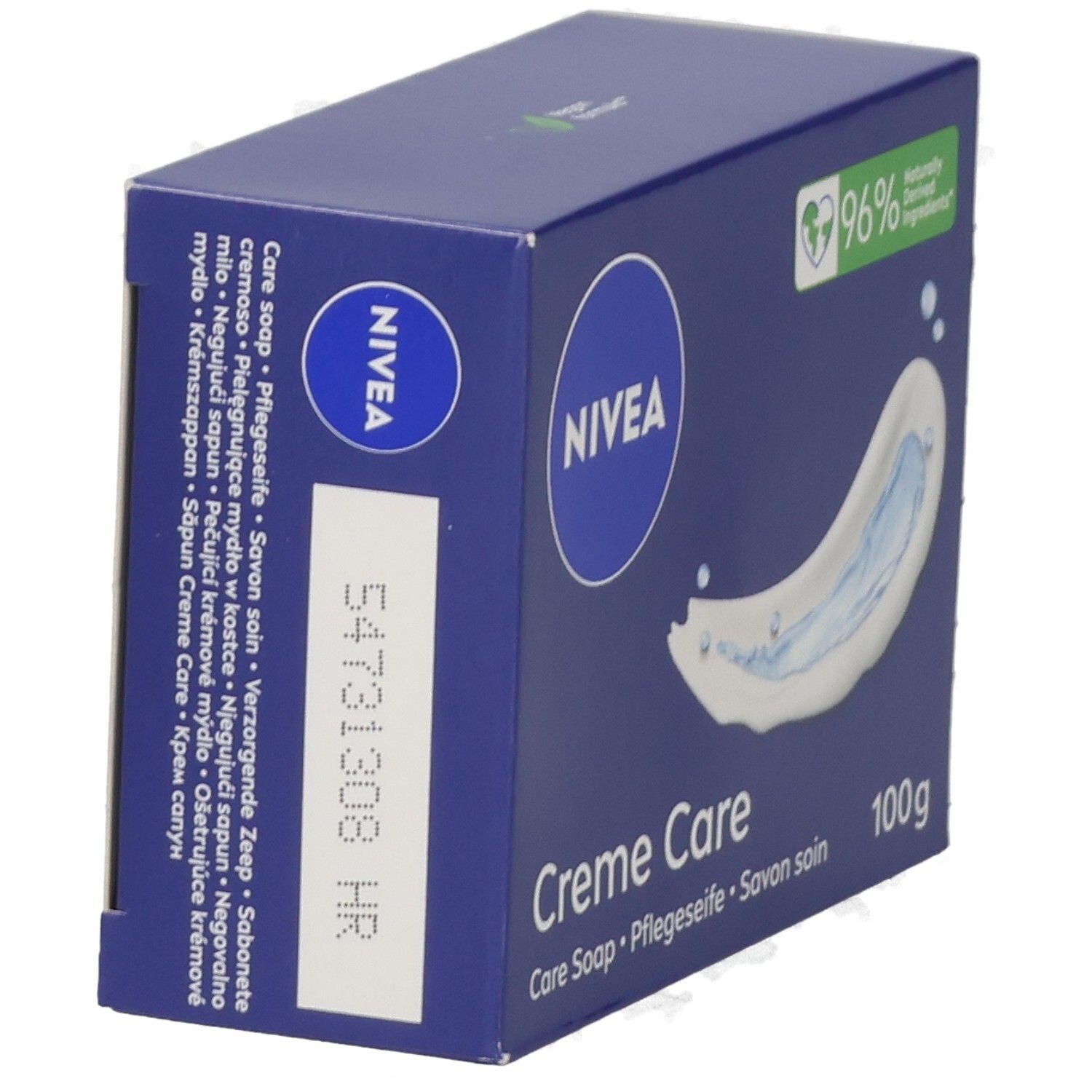 NIVEA Creme Care Pflegeseife, 100g. Rückseite der blauen Verpackung mit Produktinformationen und Chargennummer.