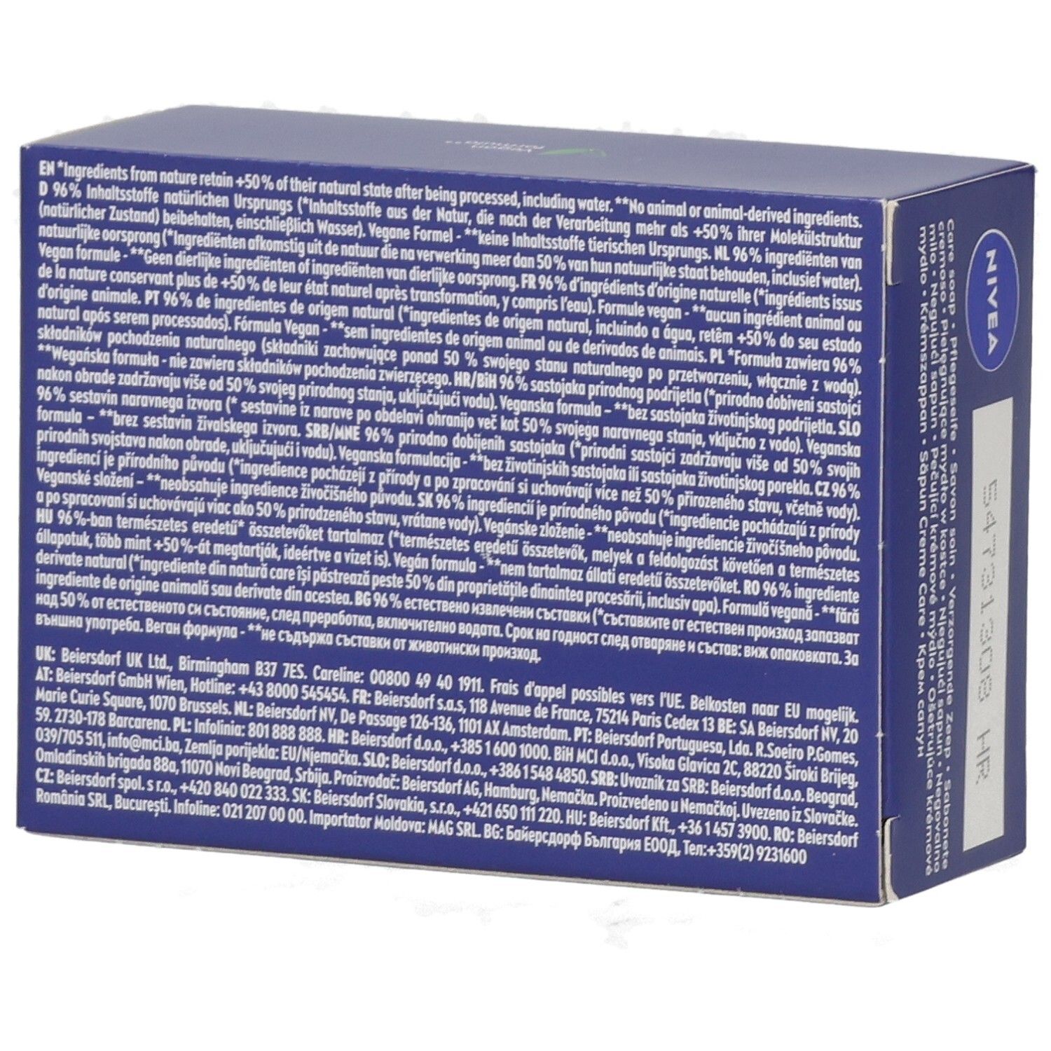 NIVEA Creme Care Pflegeseife, 100g. Rückseite der blauen Verpackung mit detaillierten Inhaltsstoffen und Herstellerinformationen.