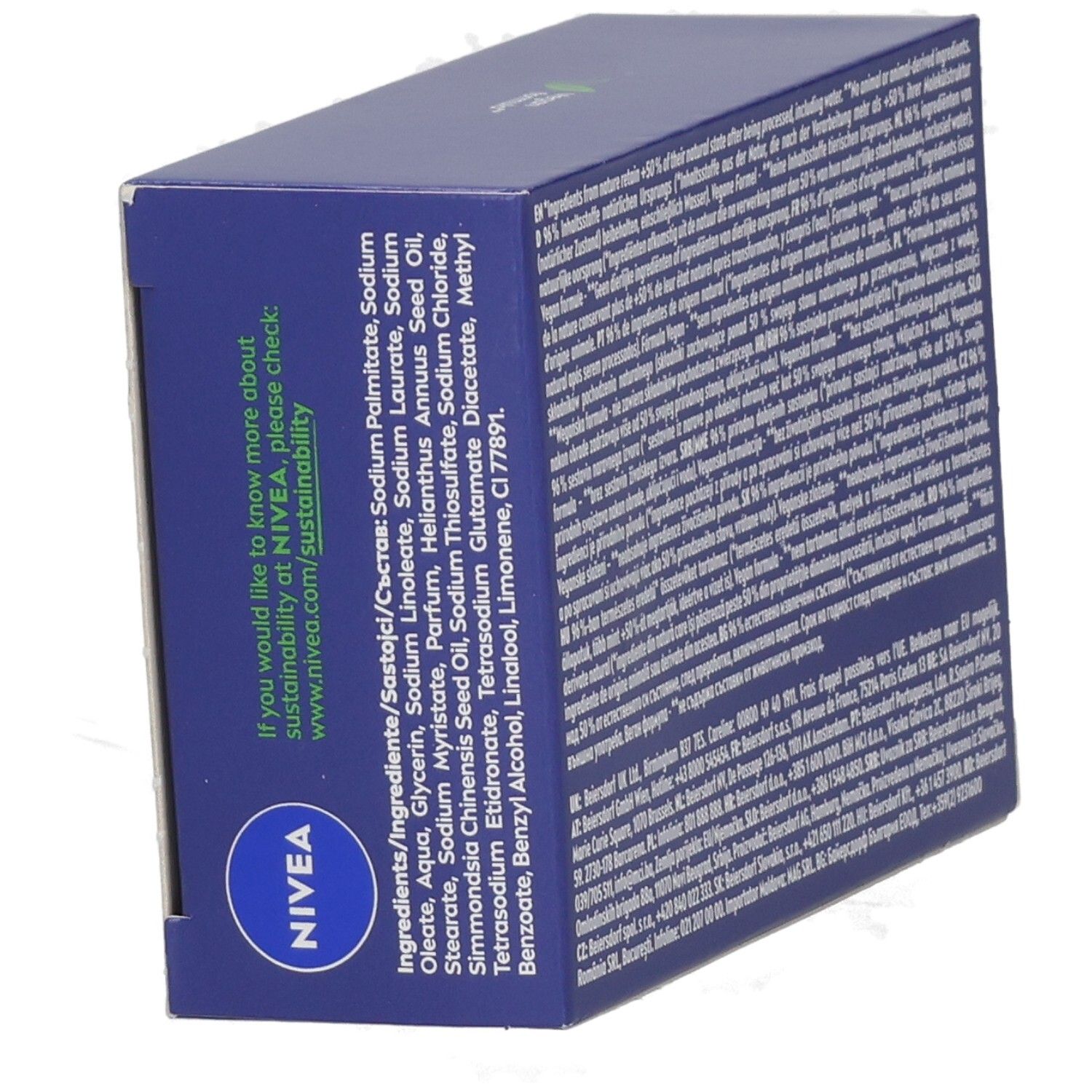NIVEA Creme Care Pflegeseife, 100g. Seitenansicht der blauen Verpackung mit Inhaltsstoffen und Nachhaltigkeitsinformationen.
