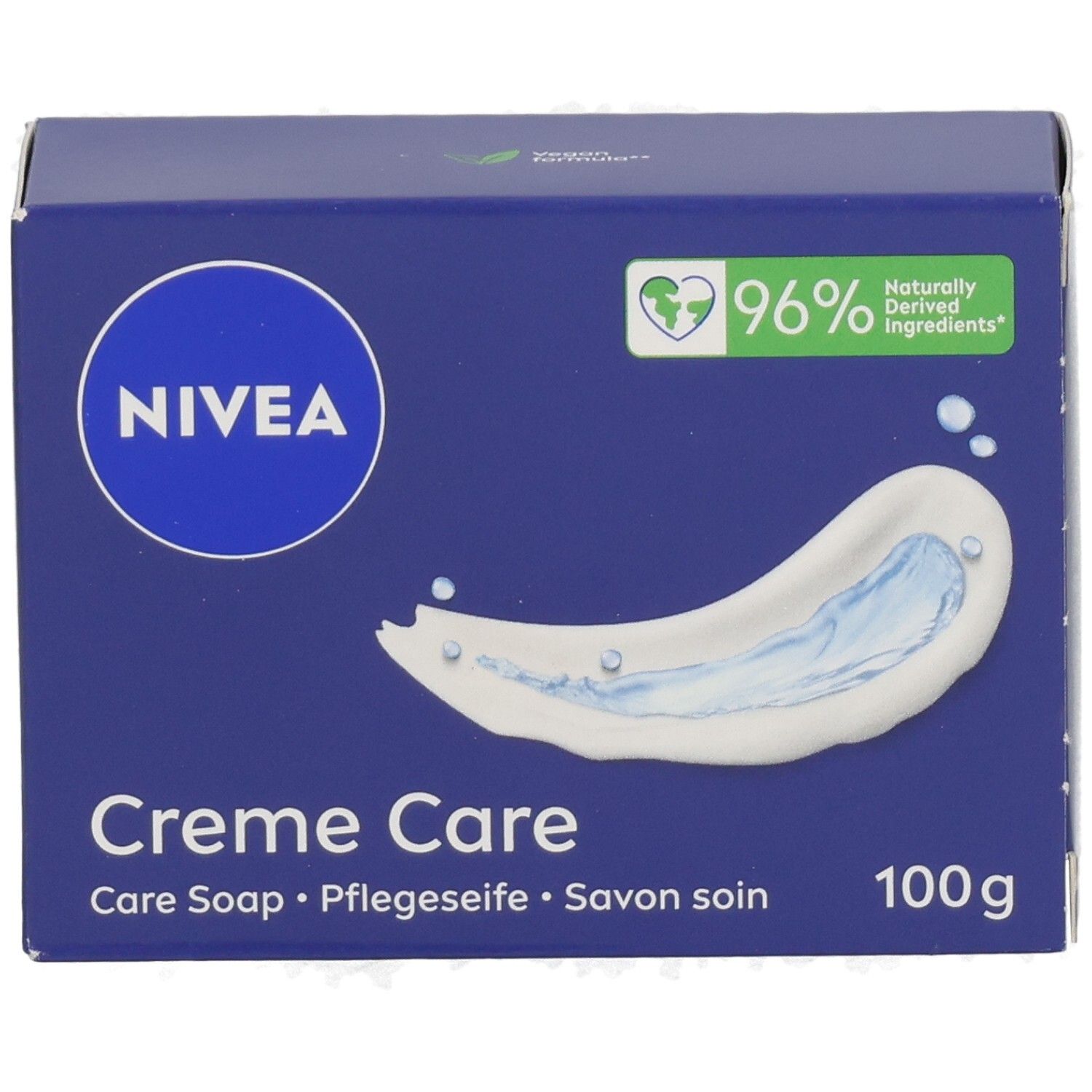 NIVEA Creme Care Pflegeseife, 100g. Blaue Verpackung mit weißem Logo, Cremedarstellung und 96% natürlich gewonnenen Inhaltsstoffen.