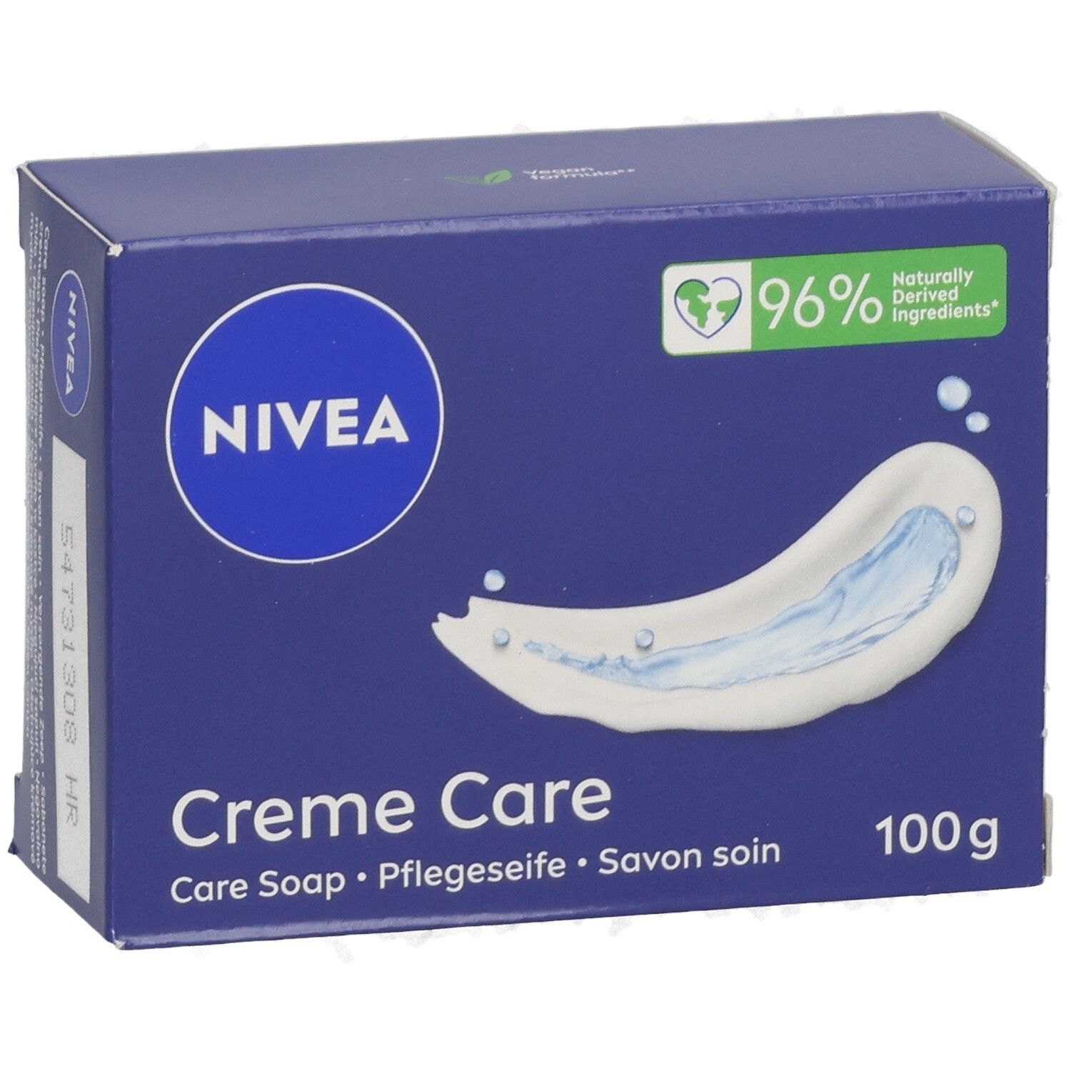 NIVEA Creme Care Pflegeseife, 100g. Vorderseite der blauen Verpackung mit Logo, Produktbezeichnung und Gewicht.