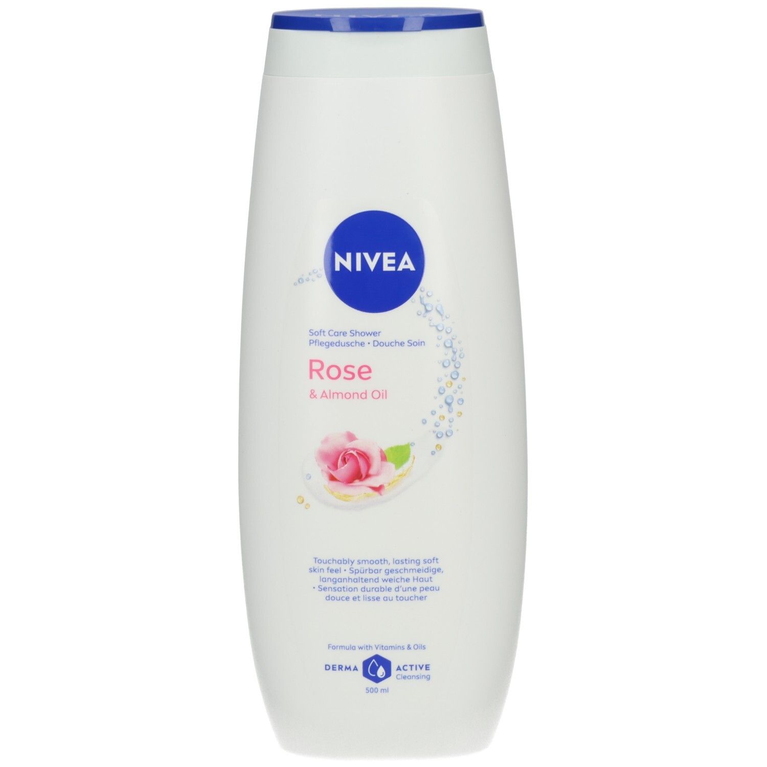 NIVEA Pflegedusche Rose & Almond Oil in weißer Flasche mit blauem Deckel. Enthält eine Rose und Mandeln.