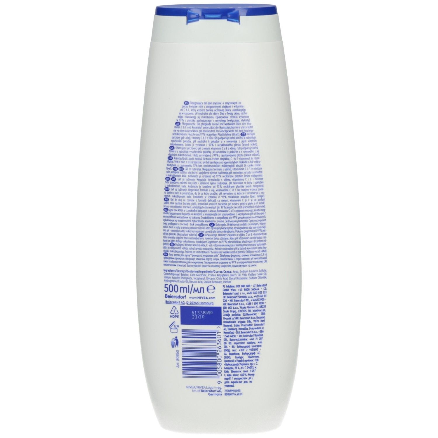 Rückseite der NIVEA Pflegedusche Rose & Almond Oil Flasche mit Produktinformationen und Barcode.