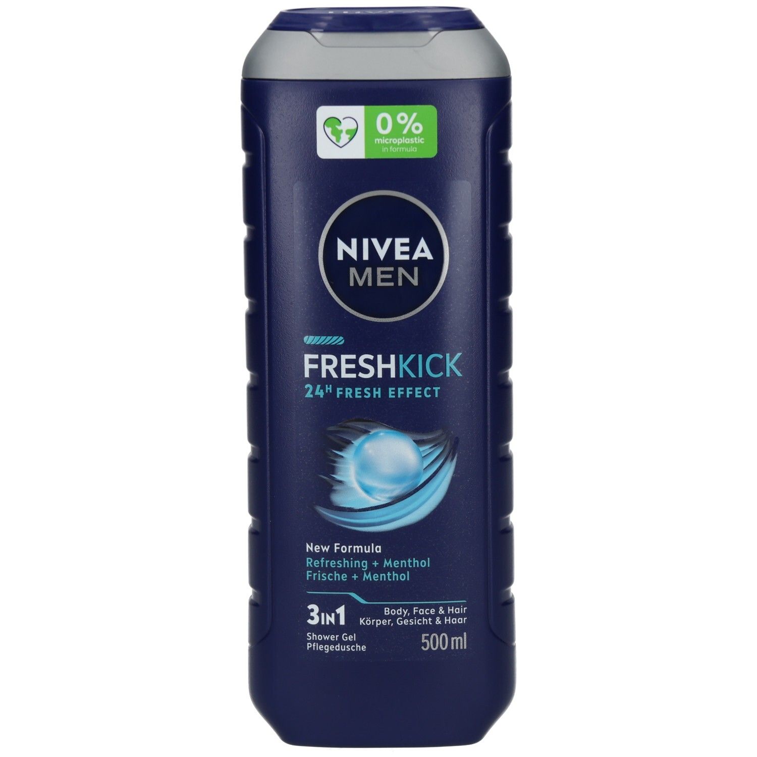 Dunkelblaue NIVEA MEN Fresh Kick Pflegedusche 500ml Flasche mit grauem Deckel. 3-in-1 Duschgel für Körper, Gesicht und Haar.