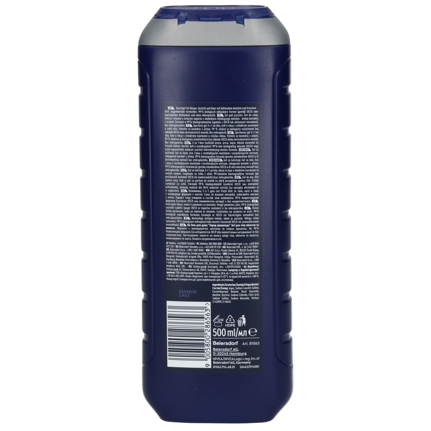 Rückseite einer dunkelblauen NIVEA MEN Fresh Kick Pflegedusche 500ml Flasche mit detaillierten Produktinformationen und Barcode.