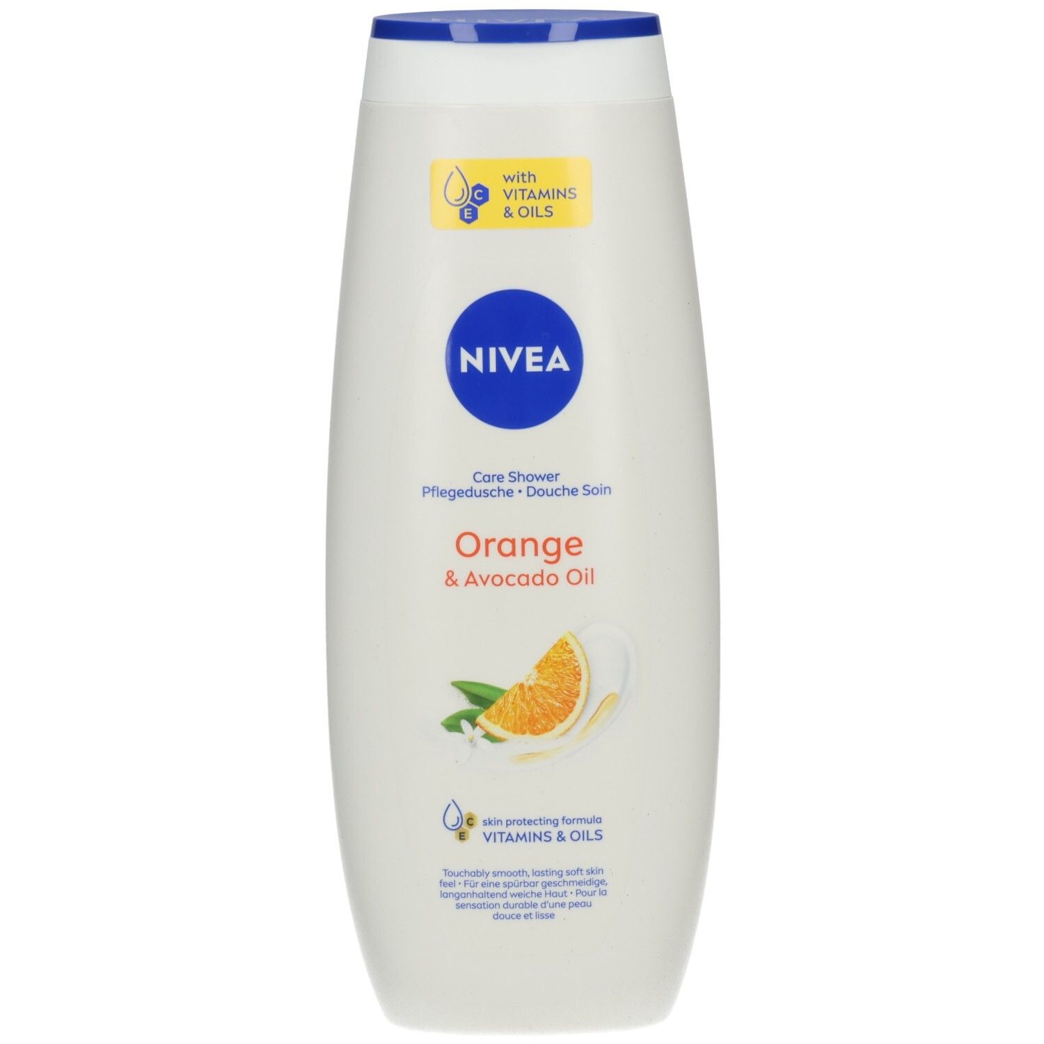 NIVEA Pflegedusche Orange & Avocado Oil in weißer Flasche mit blauem Deckel. Mit Vitaminen & Ölen.