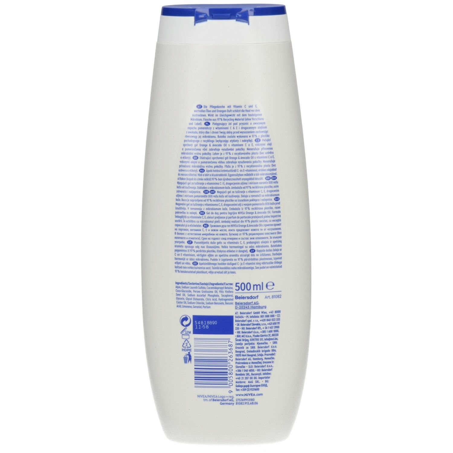 Rückseite einer NIVEA Pflegedusche Orange & Avocado Oil Flasche mit 500ml Angabe und Barcode.