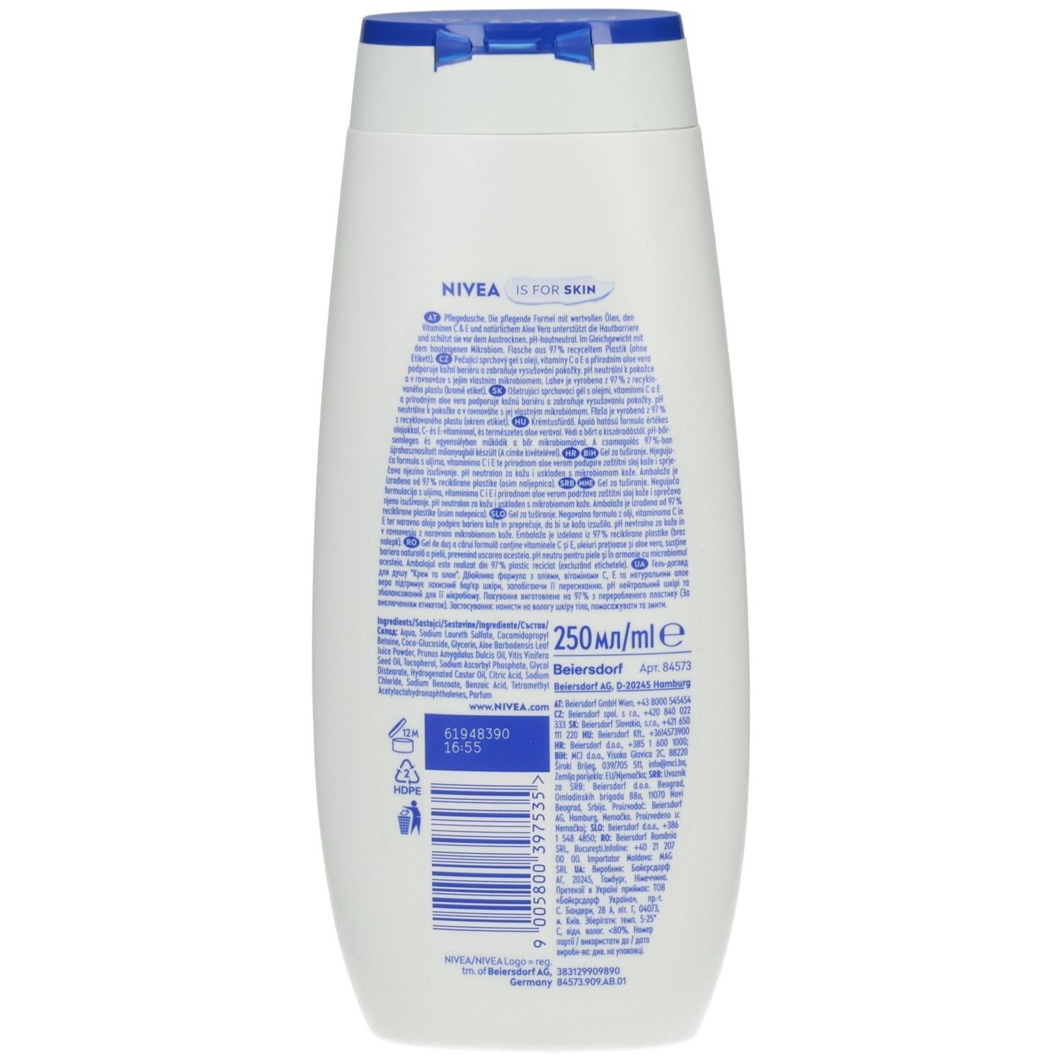 Rückseite der NIVEA Creme Aloe Pflegedusche Flasche mit Anwendungshinweisen und Inhaltsstoffen. 250 ml.