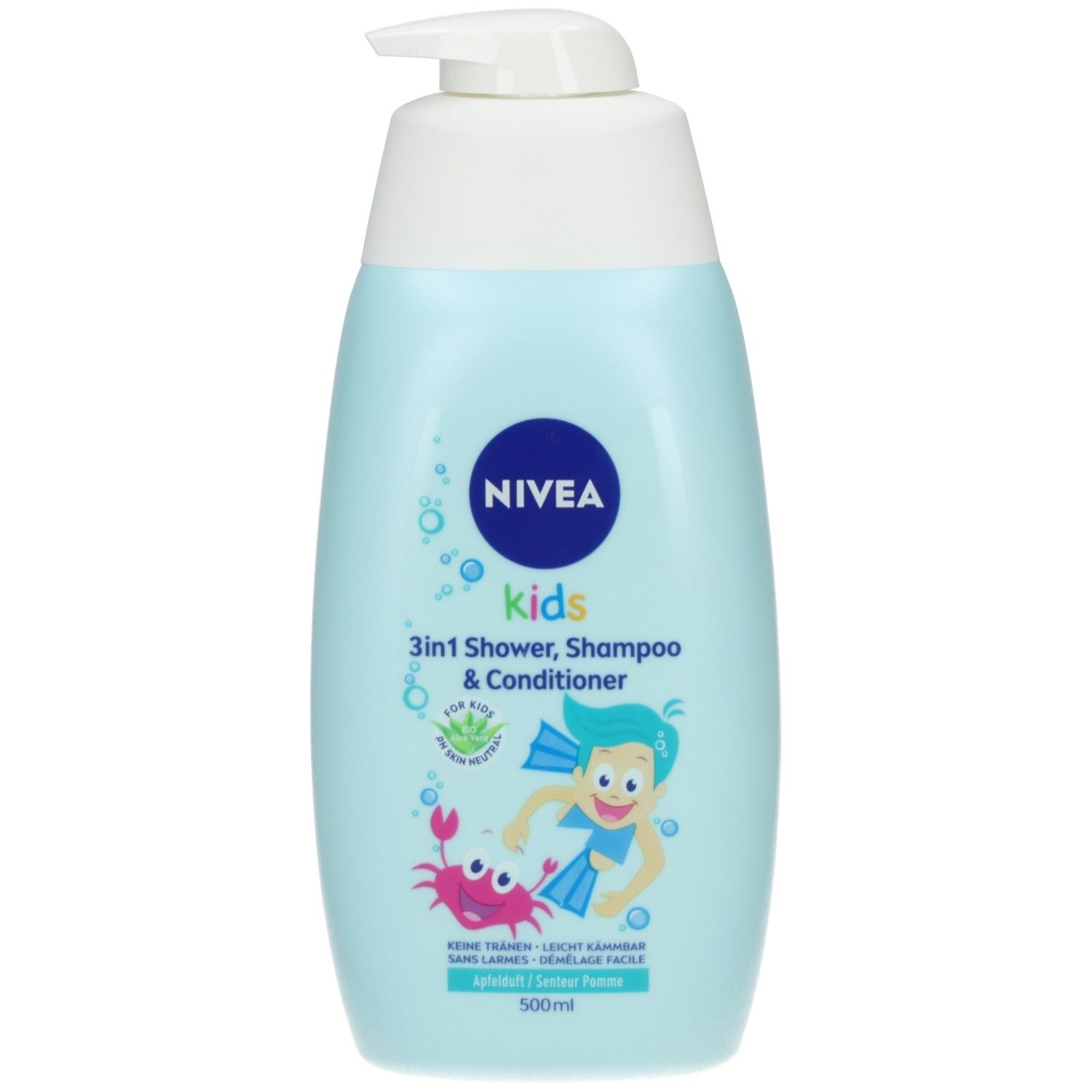 NIVEA Kids 3in1 Duschgel, Shampoo & Conditioner in hellblauer Flasche mit Pumpverschluss. Zeigt einen Jungen und eine Krabbe.