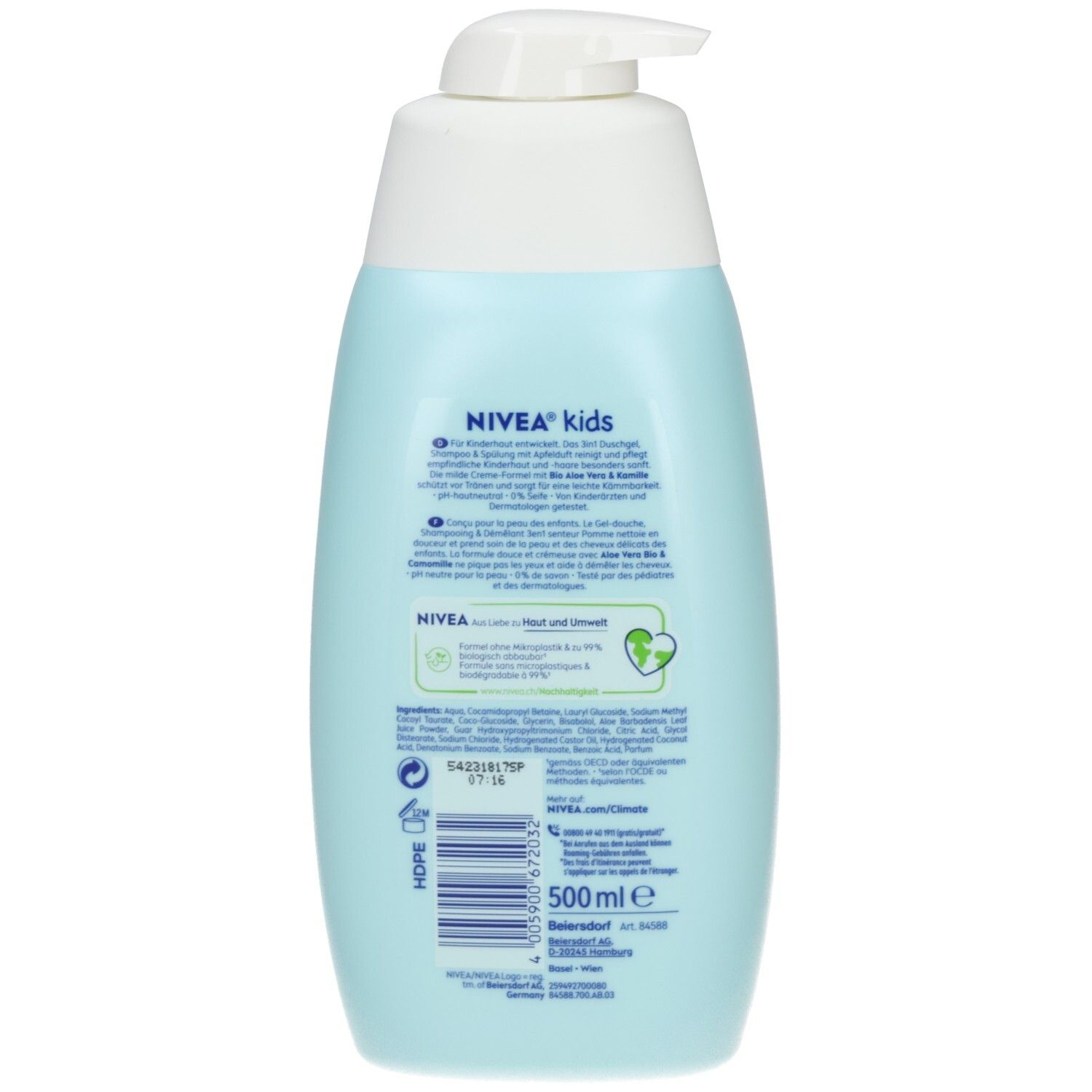 Rückseite der NIVEA Kids 3in1 Duschgel, Shampoo & Conditioner Flasche mit Produktinformationen und Siegeln.
