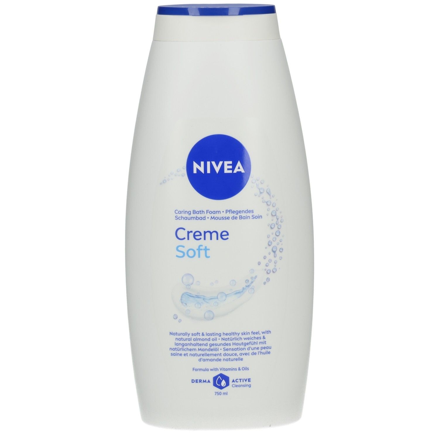 Weiße Nivea Creme Soft Badeschaumflasche mit blauem Deckel. 750 ml.