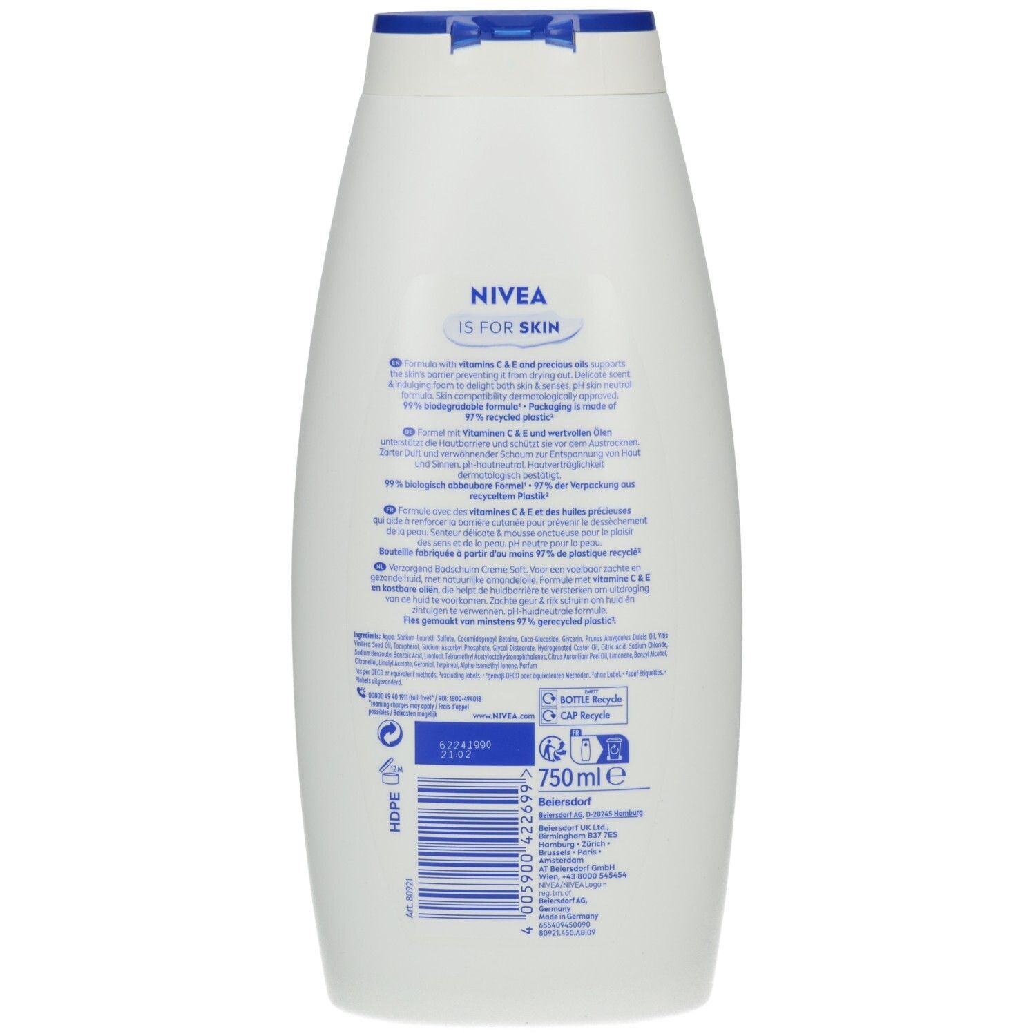 Weiße Nivea Body Wash Flasche mit blauem Deckel, 750 ml. Enthält Vitamin C & E. Verpackung aus 97% recyceltem Kunststoff.