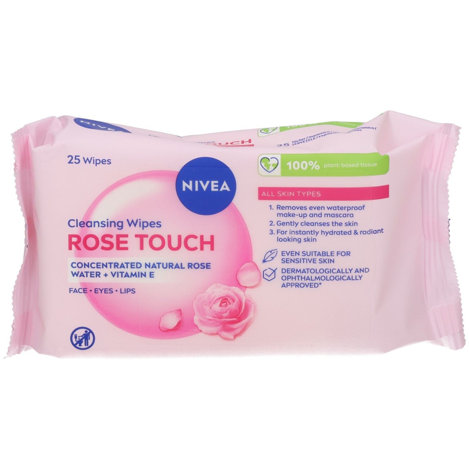 NIVEA Rose Touch Reinigungstücher, 25 Stück. Für Gesicht, Augen und Lippen. Mit Rosenwasser und Vitamin E.