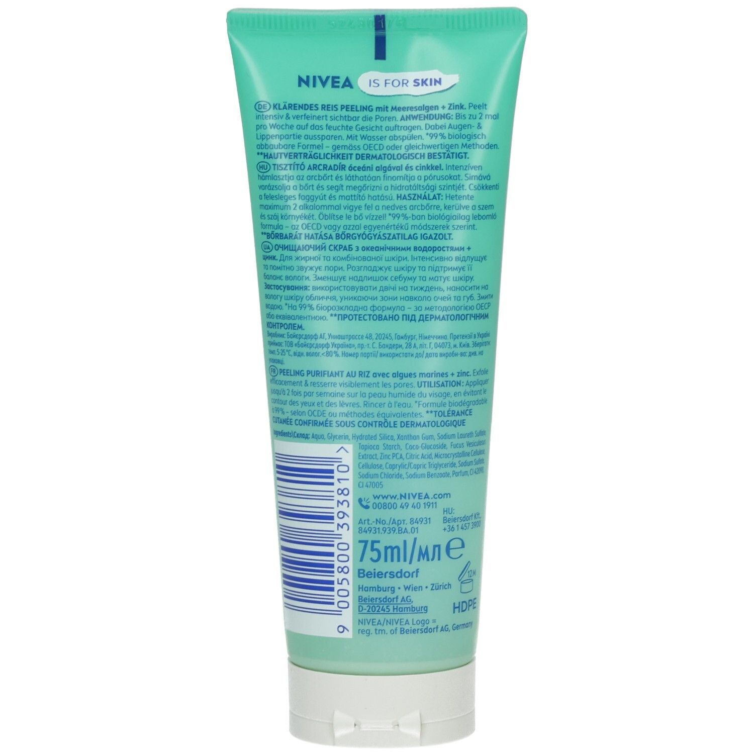 Rückseite der NIVEA Reis Peeling Tiefenreinigend Tube mit Anwendungshinweisen und Barcode. 75ml.