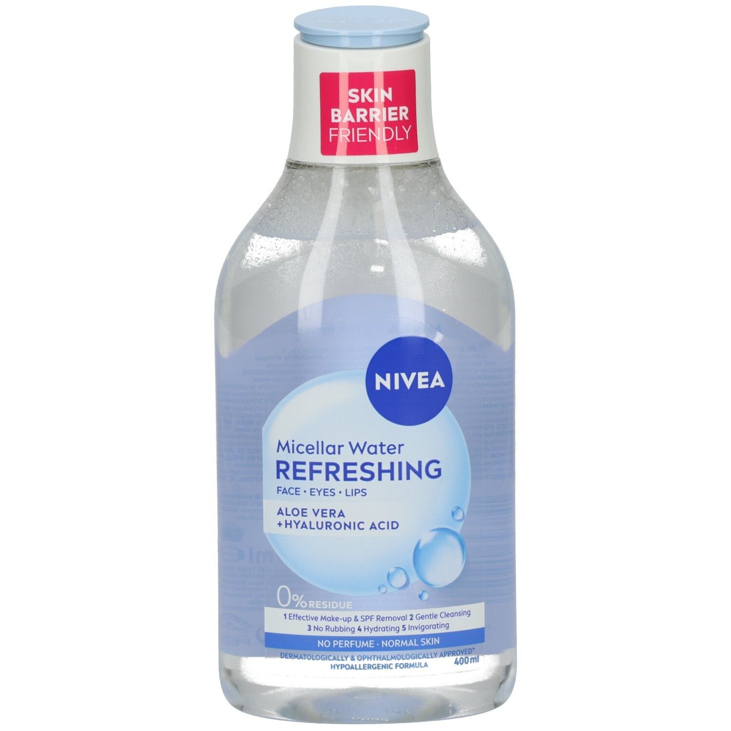NIVEA Mizellenwasser Erfrischend, 400ml Flasche mit blauem Verschluss. Hautfreundlich.