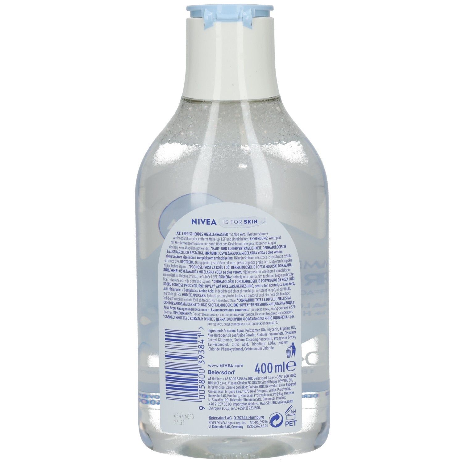 Rückseite der NIVEA Mizellenwasser Erfrischend 400ml Flasche mit Inhaltsstoffen und Barcode.