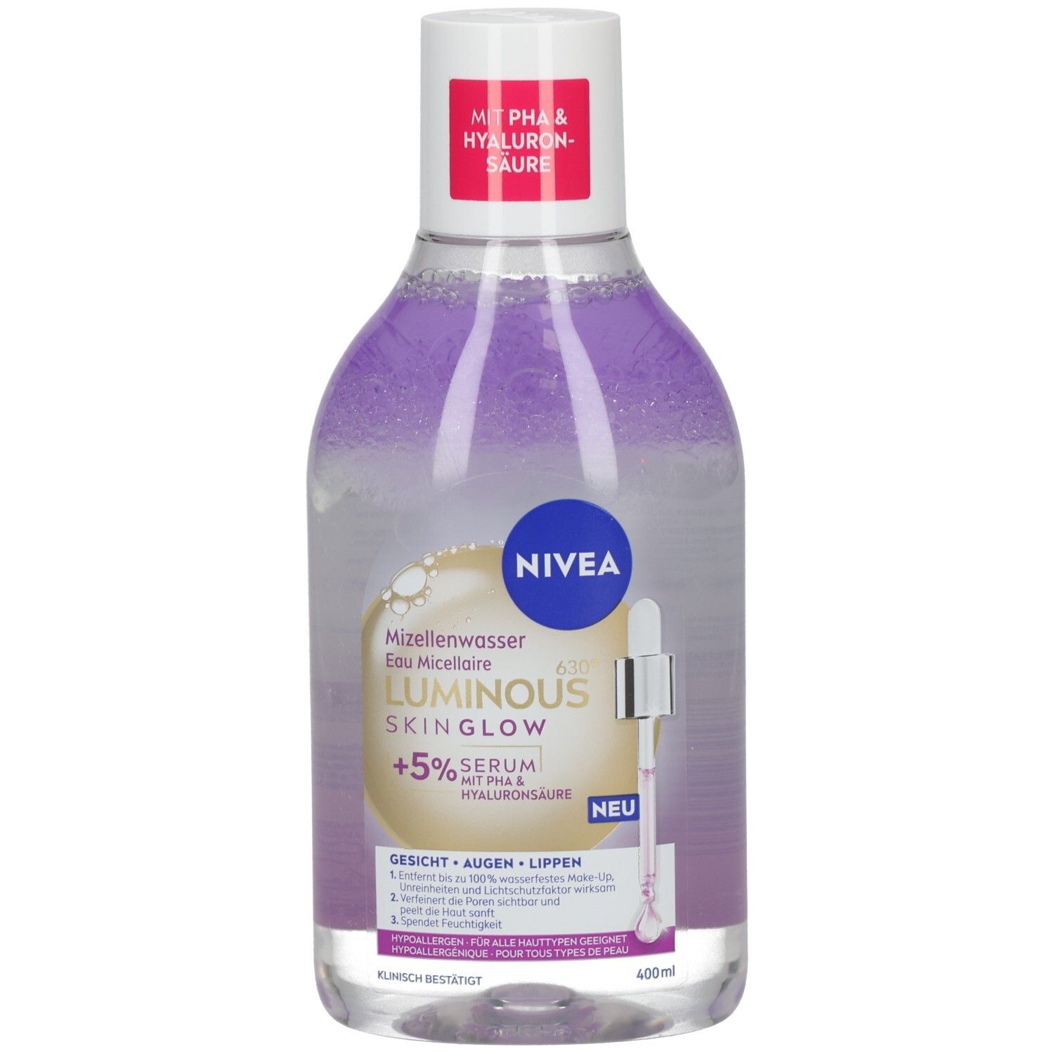 NIVEA Luminous630 Skin Glow Mizellenwasser mit PHA & Hyaluronsäure, 400ml.