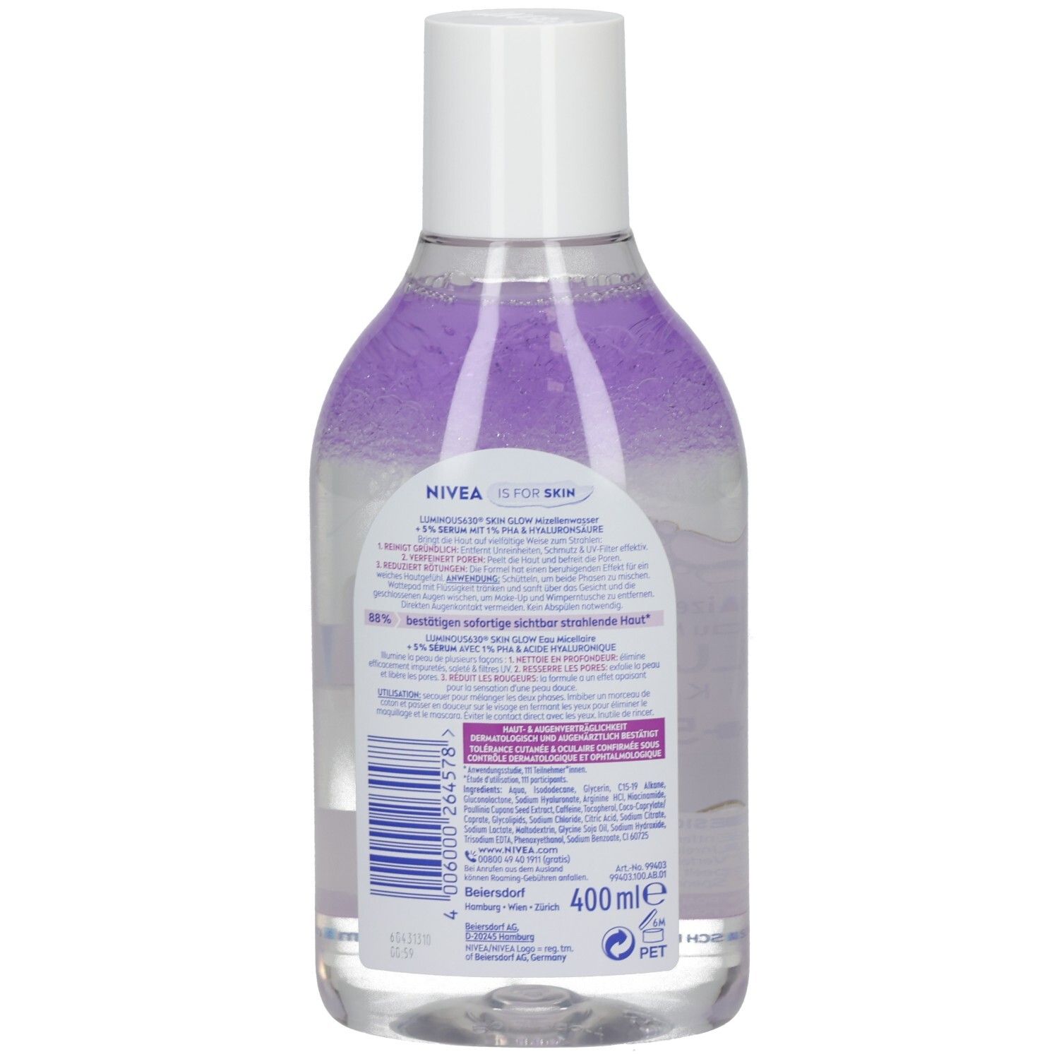 Rückseite NIVEA Luminous630 Skin Glow Mizellenwasser mit PHA & Hyaluronsäure, 400ml.