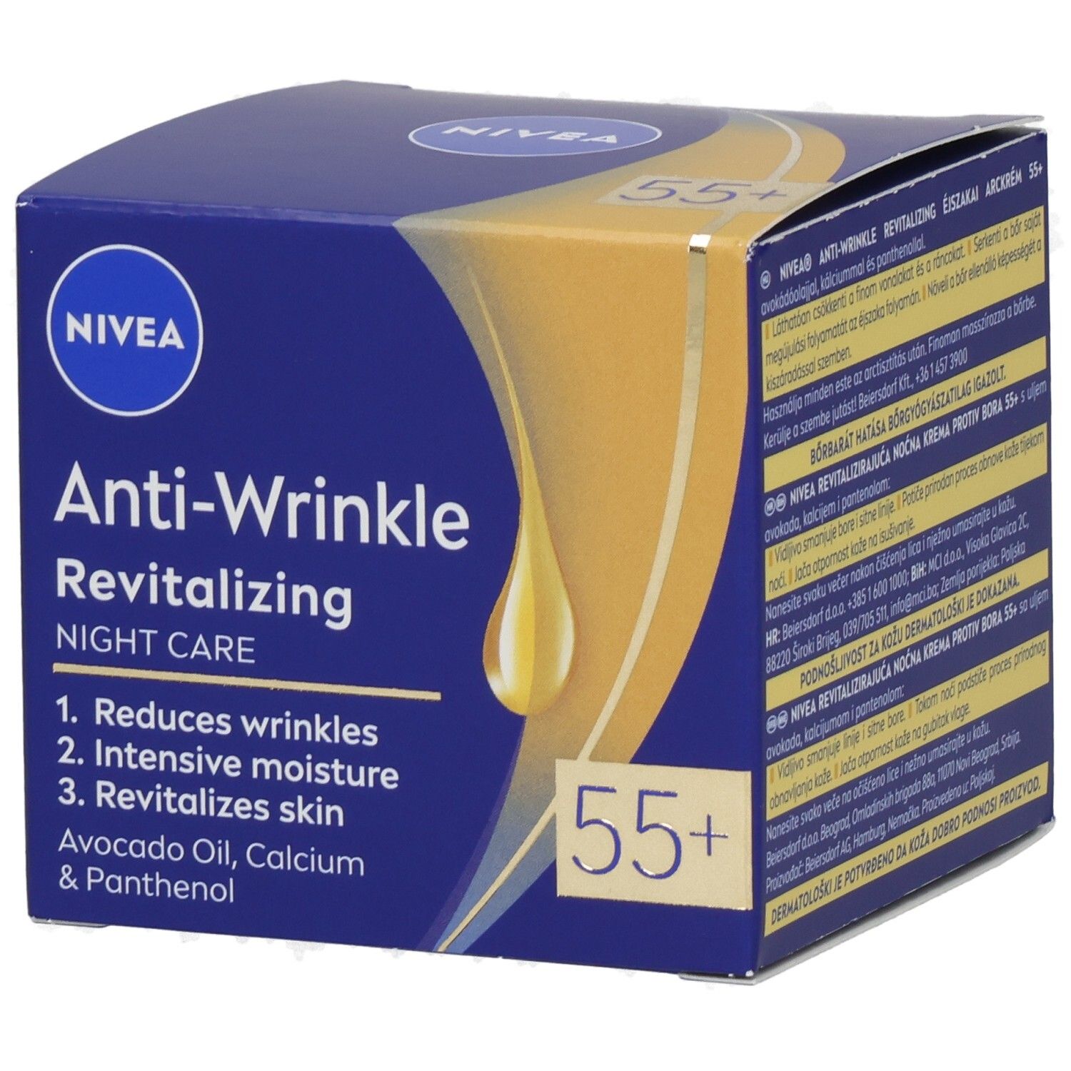 NIVEA Anti-Falten + Vitalität Nachtpflege 55+ Karton. Enthält Avocadoöl, Kalzium & Panthenol.