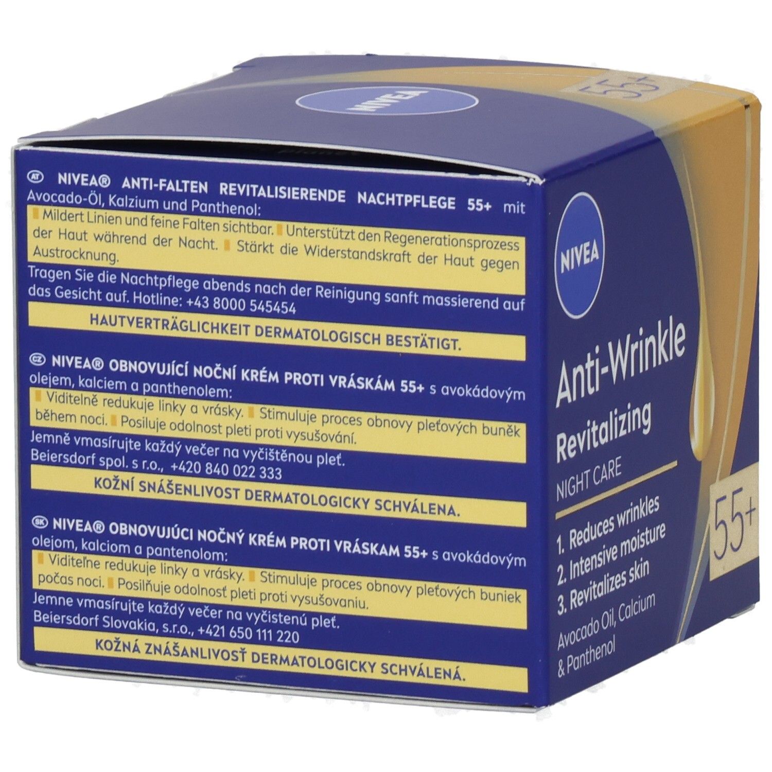NIVEA Anti-Falten + Vitalität Nachtpflege 55+ Karton. Rückseite mit Produktinformationen und Inhaltsstoffen.