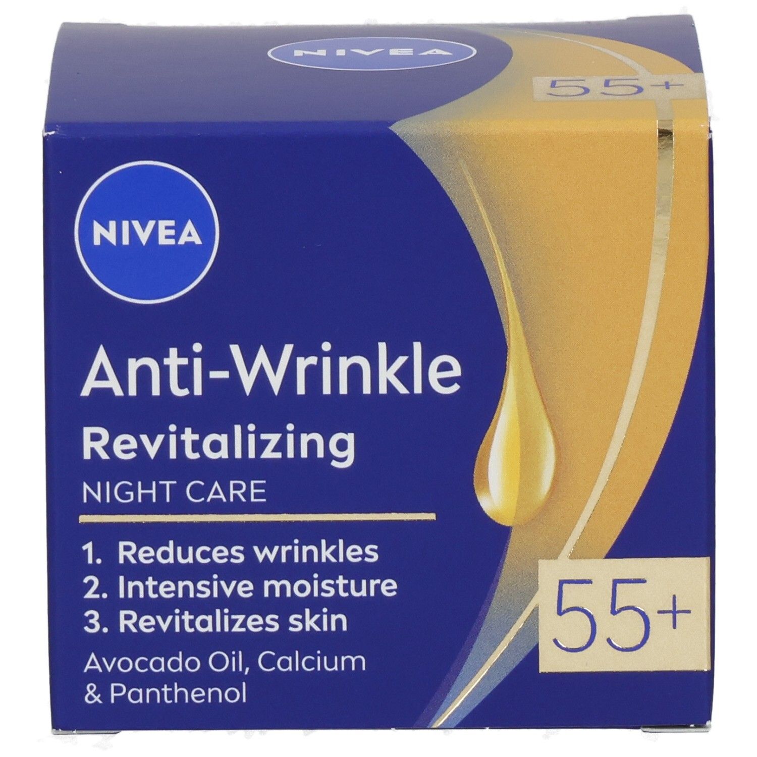 NIVEA Anti-Falten + Vitalität Nachtpflege 55+ Karton. Vorderseite mit Produktnamen und Vorteilen.
